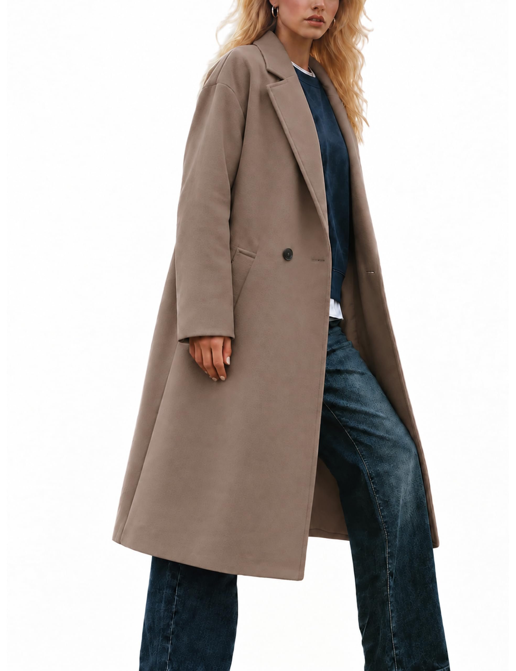Big coat, bigger pants, bedroom at night — Uaneo Women's Oversized Wool Blend Coat Double Breasted Long Pea Coat