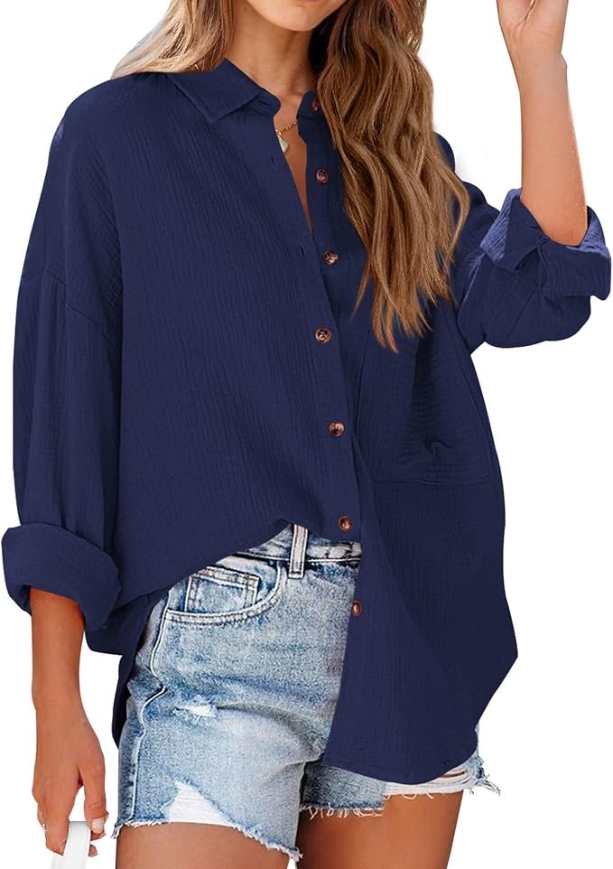 Rolled sleeves cuffed below the elbow — Nollsom Casual Long Sleeve Shirts for Women Business Casual Tops Blouses