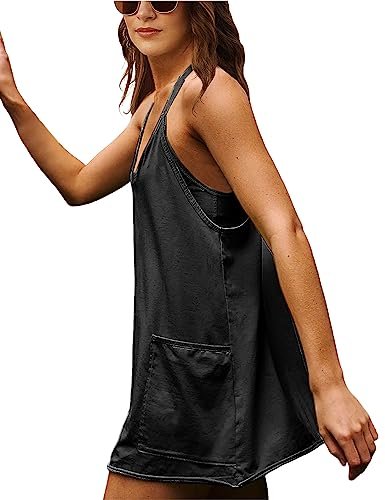 Wind advisory: Scoop-Neck Shorts may steal the scene — Yidarer Womens Summer Athletic Mini Dress Sleeveless Spaghetti Strap Built-in Shorts Scoop Neck Sundress with Pockets