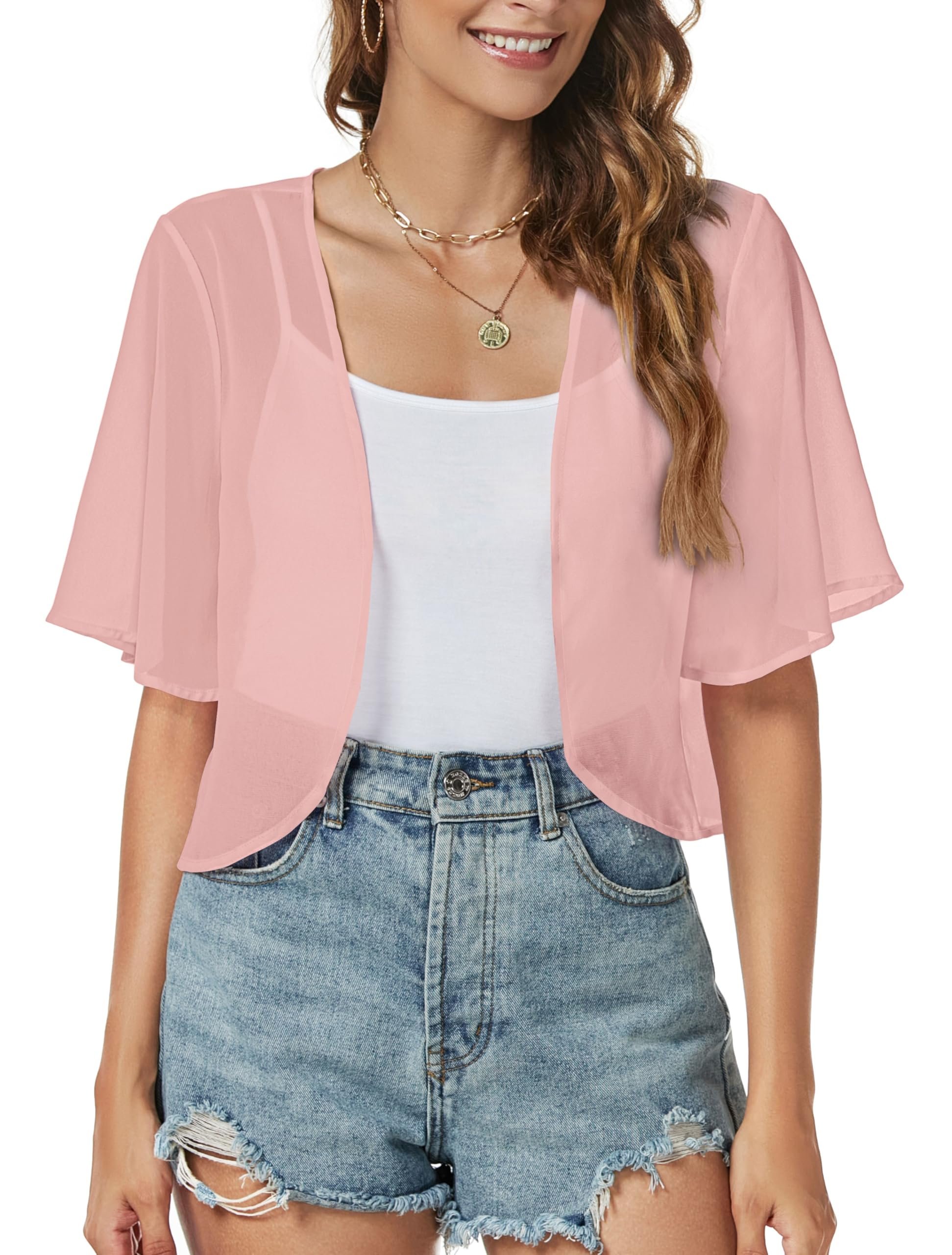 Flutter sleeves fanning out in sheer layers — Znvgirl Women Shrug Chiffon Cardigan Open Front Short Sleeve Sheer Bolero for Dress