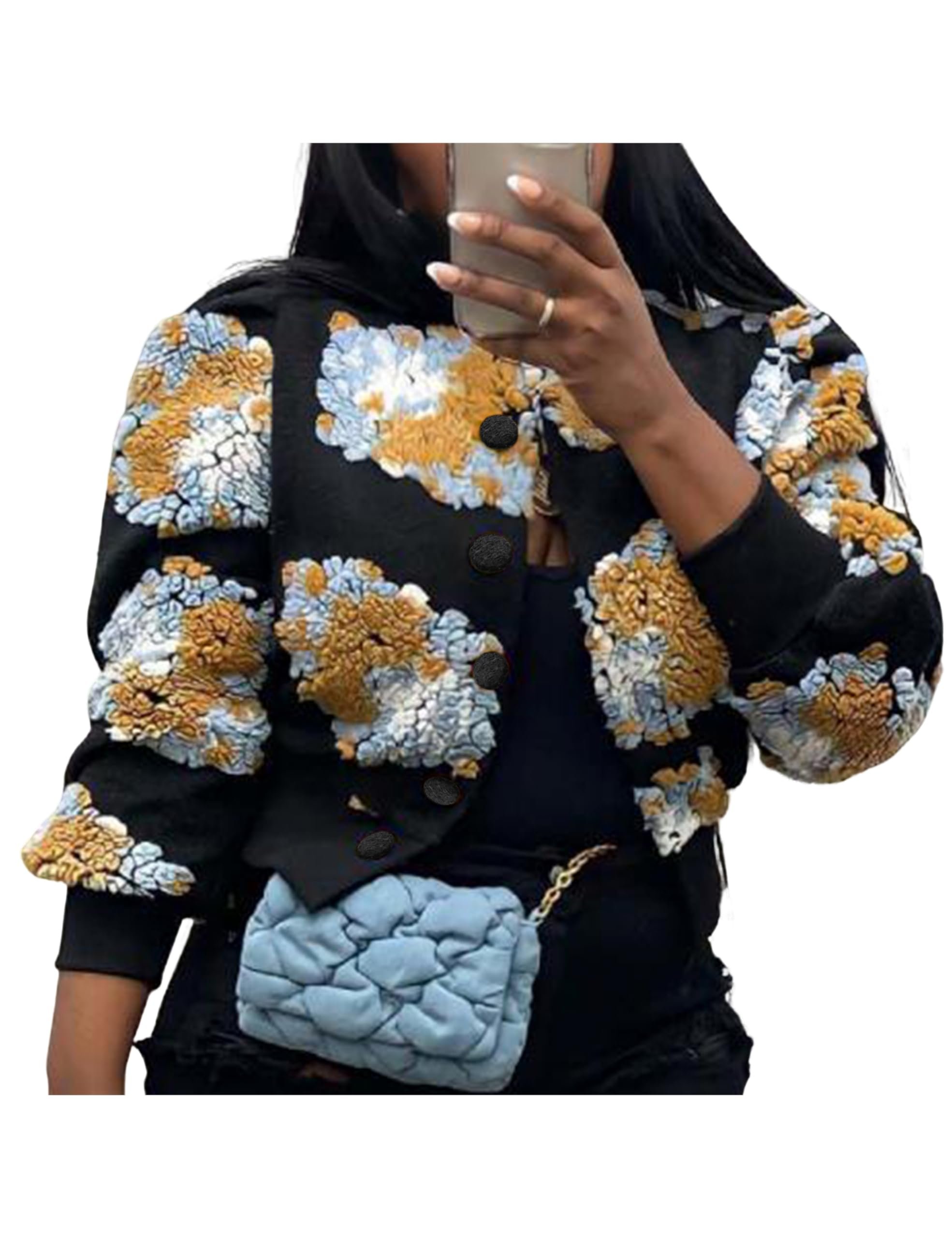 Black bomber covered in blue and mustard floral patches — Aimiray Women's Cropped Fleece Bomber Jacket Floral Print Coat