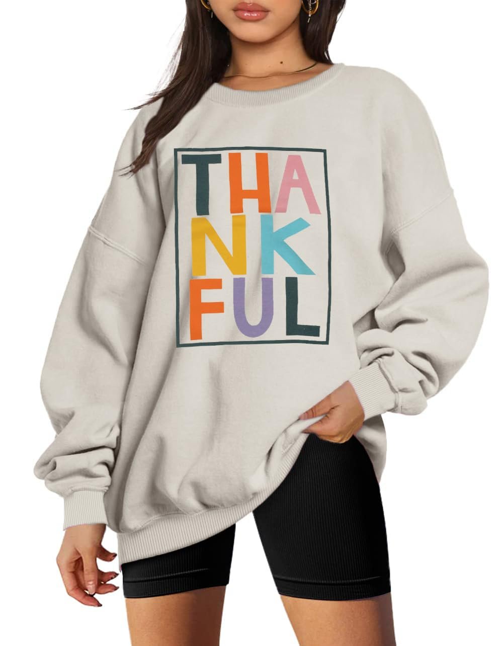 Colorful THANKFUL letters boxed on oatmeal crewneck — Vilove Thankful Sweatshirt Women Thanksgiving Day Colorful Letter Print Pullover Crewneck Long Sleeve Oversized Tops
