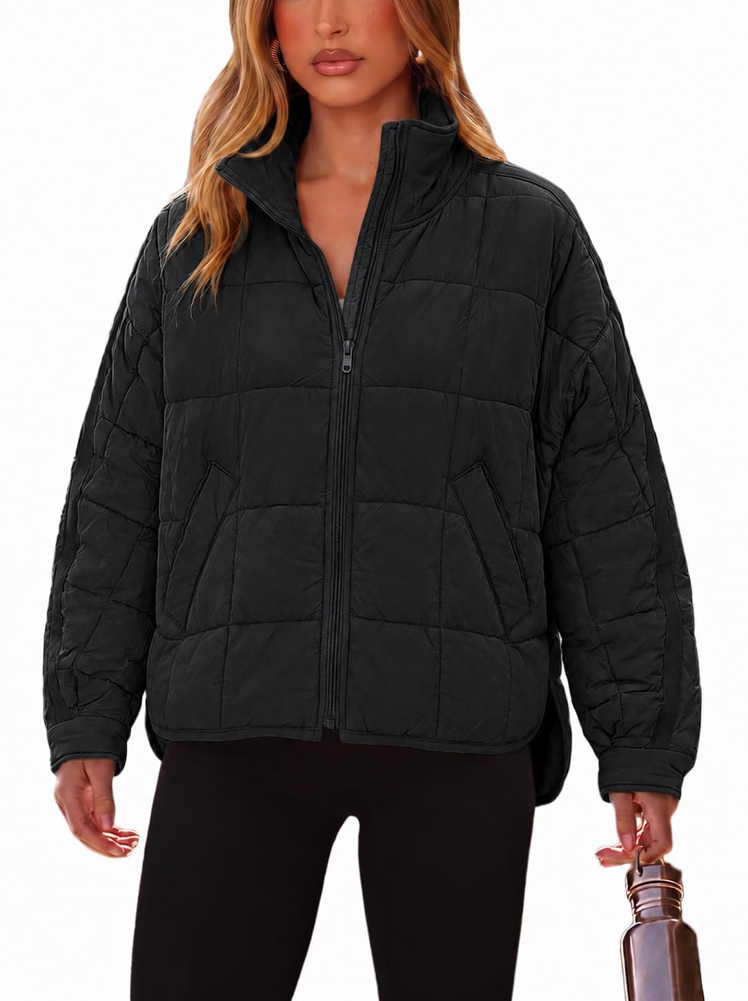 Black flare jeans flaring over white sneakers — Omoone Womens Lightweight Quilted Puffer Jacket Casual Padded Coat