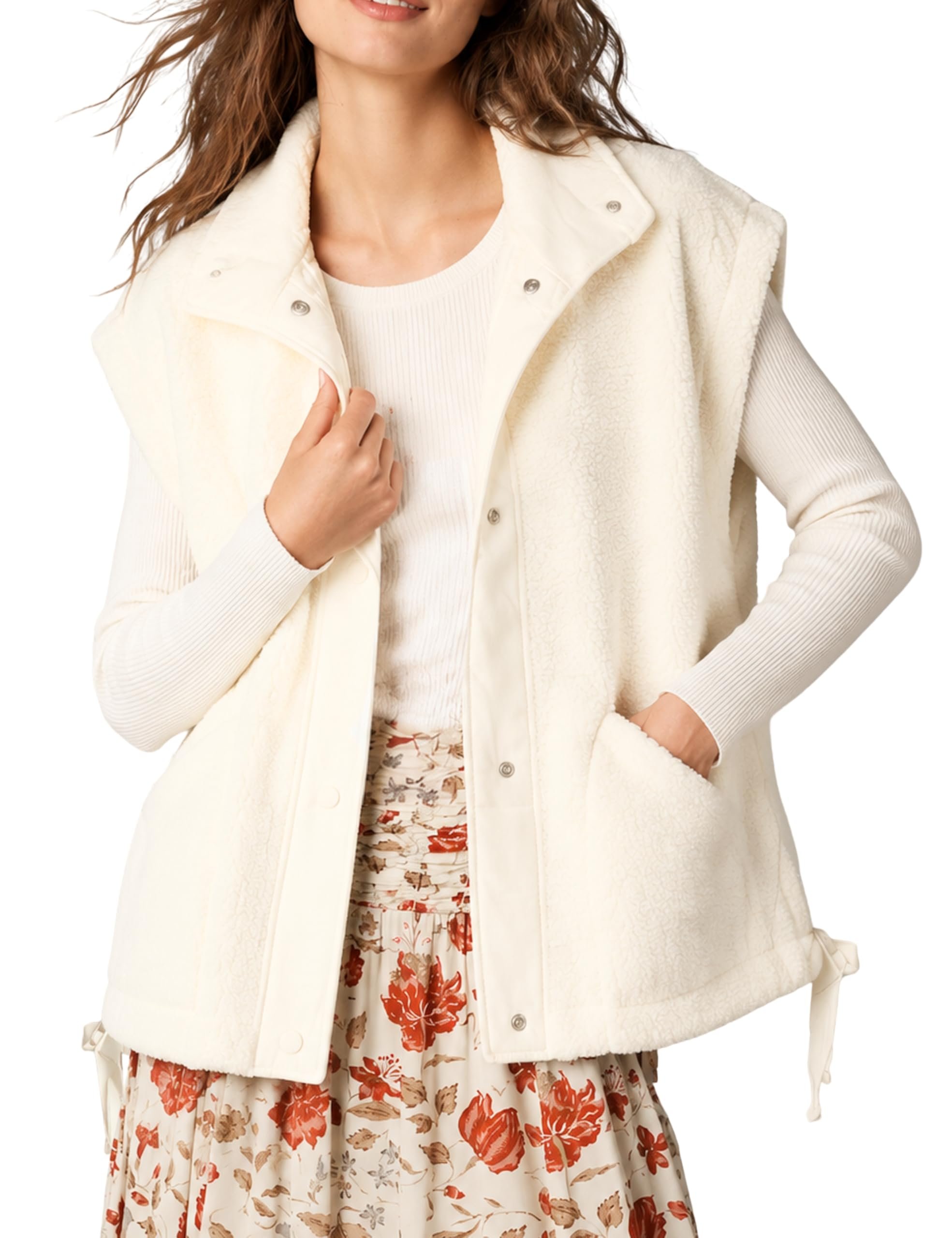 Ivory sherpa vest with silver snaps down the front — Gozoloma Women's Oversized Fleece Vest Fuzzy Sherpa Gilet