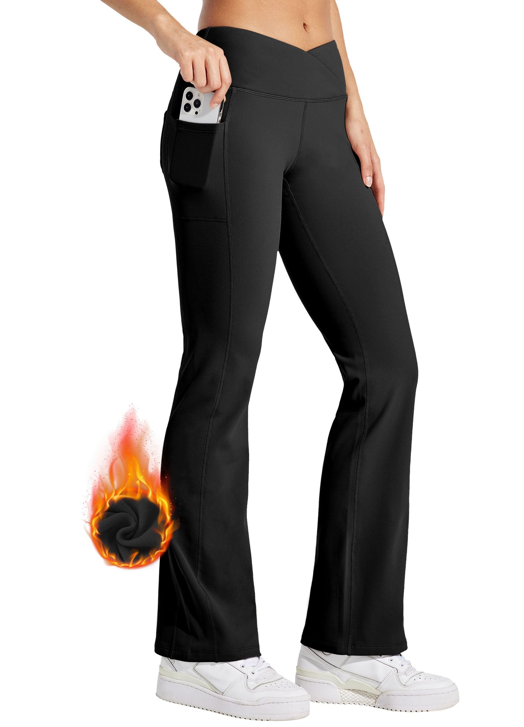 V-neck finished with black zigzag edging — Willit Women's Fleece Lined Pants Yoga Crossover Leggings Bootcut Thermal Winter Pants Flare Leggings Water Resistant
