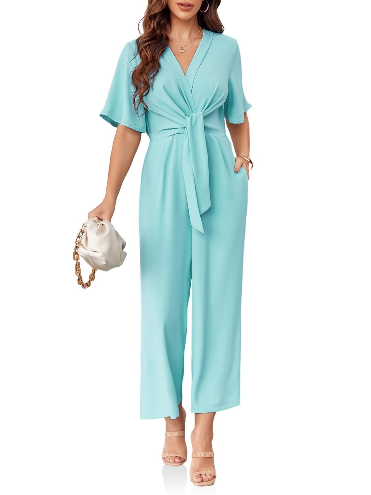 Sash tails hanging long past the knot — Cicy Bell Women's Elegant V Neck Jumpsuits Dressy Casual Short Sleeve Wide Leg Long Pants Rompers