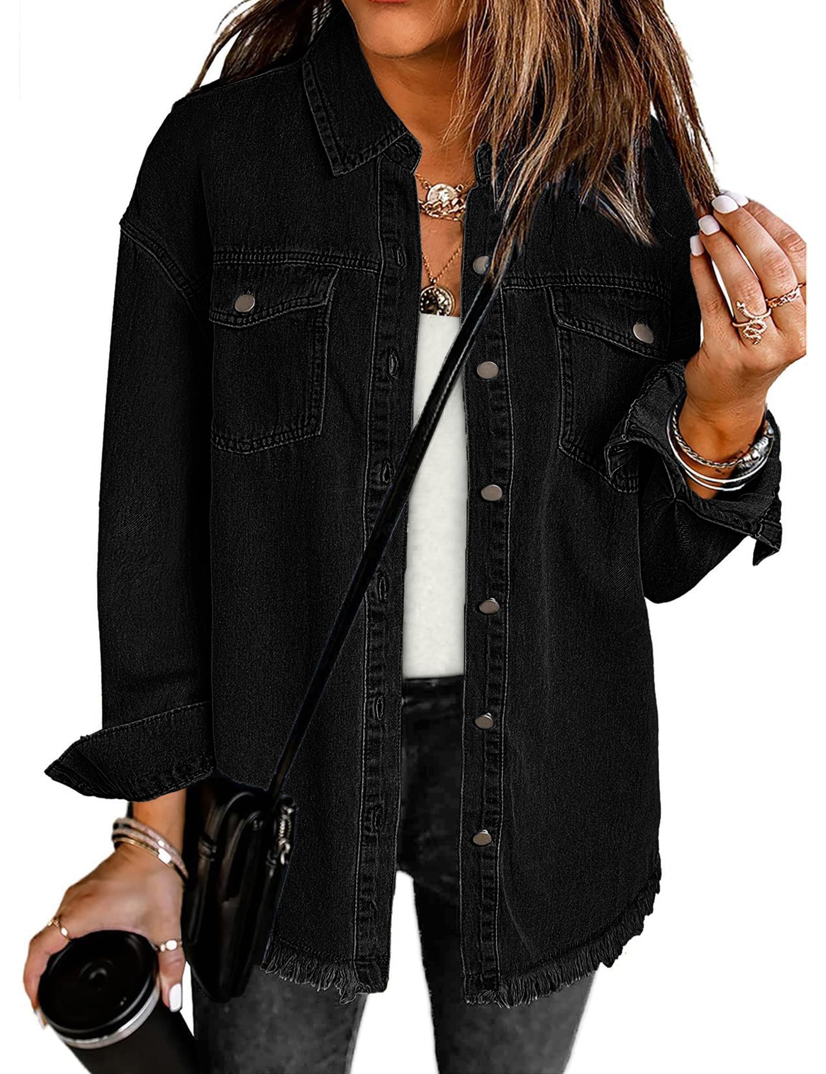 White tank peeking out beneath the black buttons — Luvamia Denim Jacket for Women Oversized Button Down Casual Jean Shacket Jackets Long Sleeve Frayed Hem Western Trendy