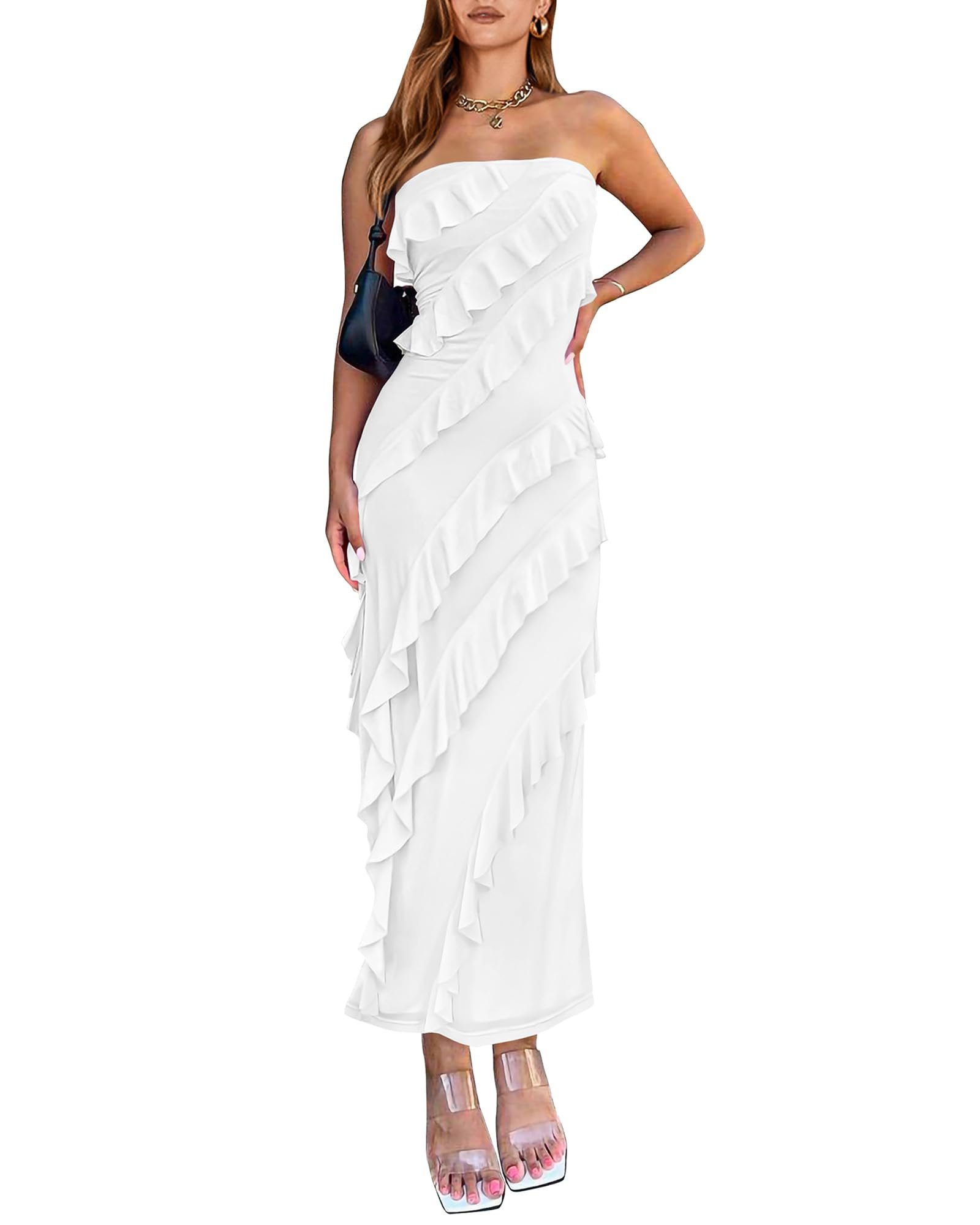 Those layered tiers just keep cascading — Btfbm Maxi Dresses for Women Solid Bodycon Summer Wedding Guest Dress