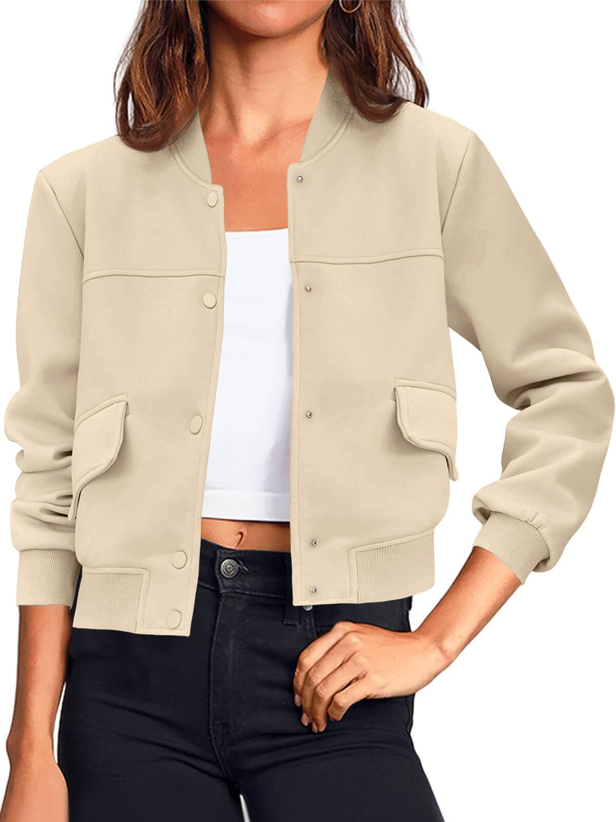 Palms flat at the waist over the black tank — Tankaneo Womens Cropped Bomber Jacket Button Down Varsity Jackets Shackets