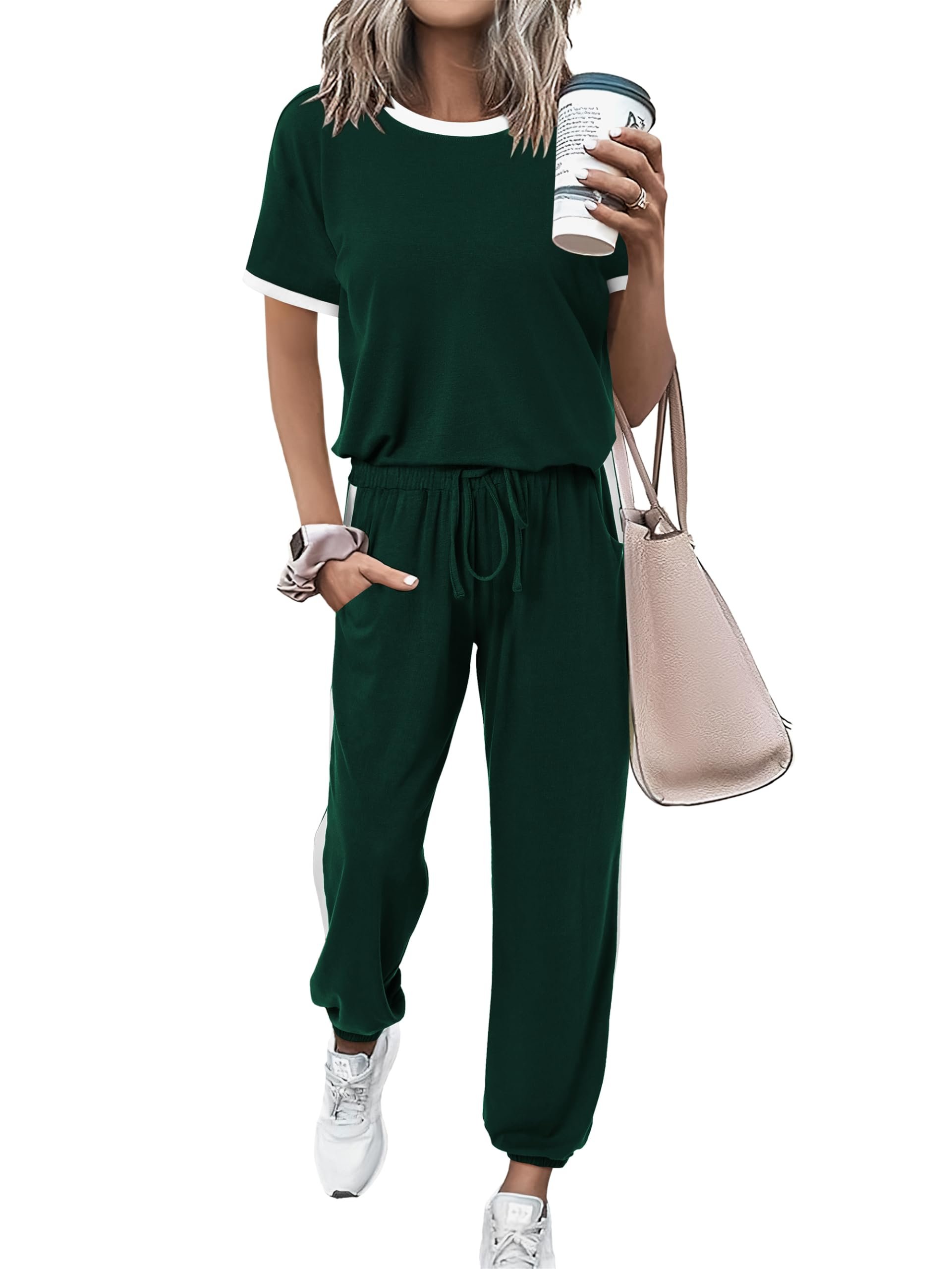 Forest green joggers gathered at the ankle cuffs — Mascomoda Womens 2 Piece Outfits Summer Matching Lounge Sets Jogger Set