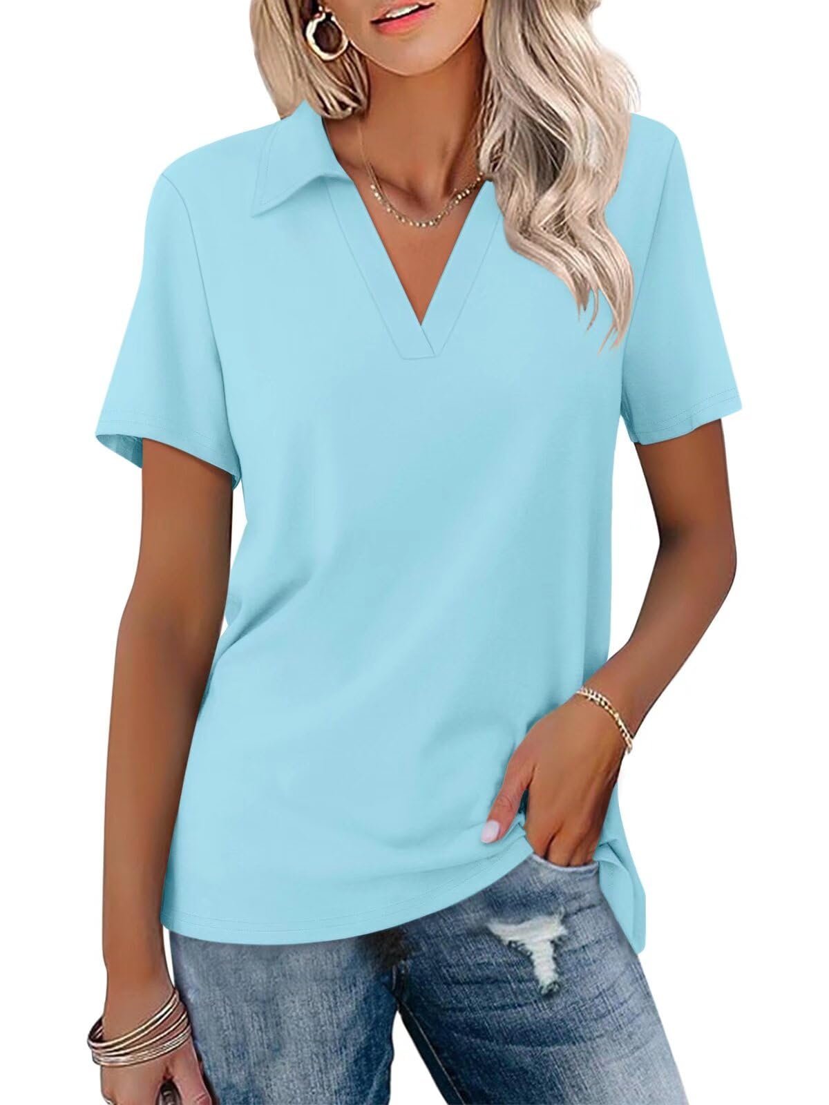Grey capri leggings hitting just below the knee — Orandesigne Womens Short Sleeve V Neck Polo Shirts Summer Collared Tops