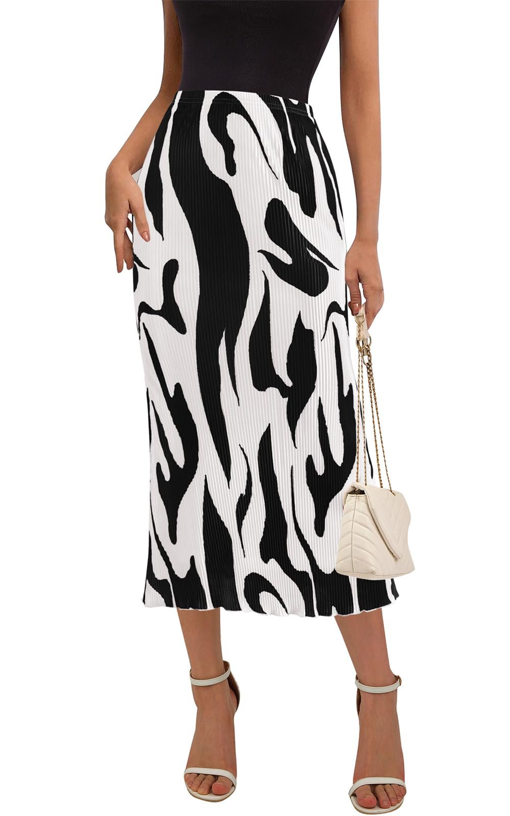 Lavender binding circling the crewneck of the beige tank — Prettygarden Women's 2026 Summer High Waist Graphic Print A Line Pleated Long Skirts for Women Trendy Plisse Midi Skirt