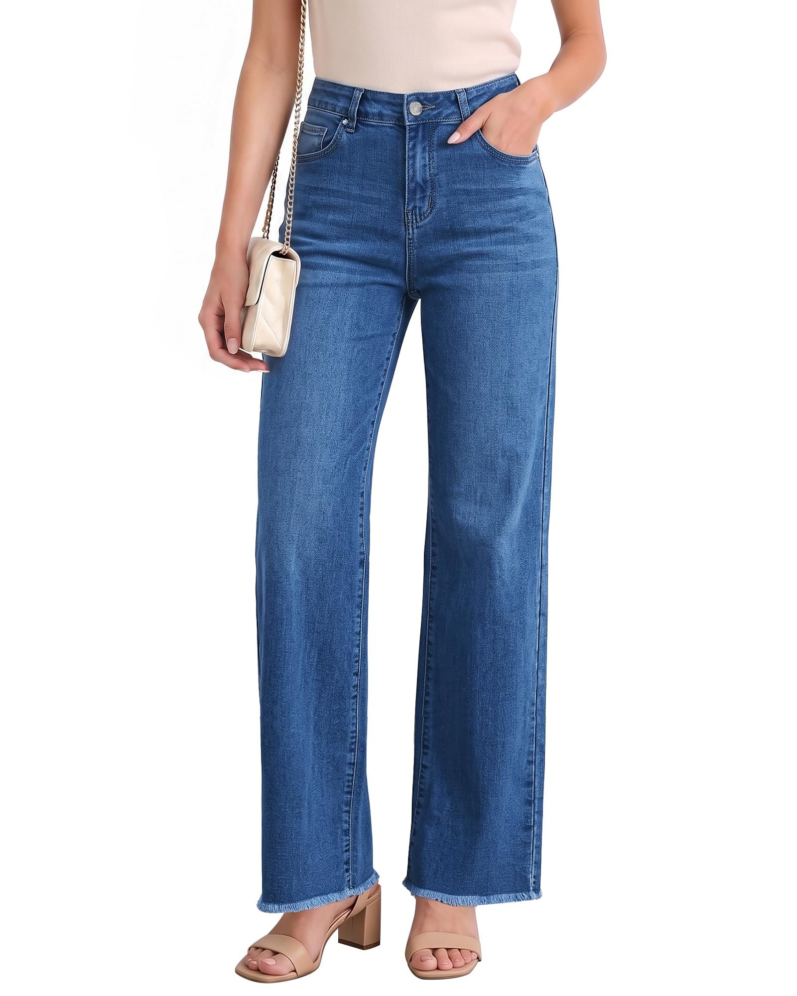 Styling Cropped Tank Top for a morning look — Lookbook Store LookbookStore Wide Leg Jeans for Women Trendy High Waisted Straight Leg Frayed Hem Baggy Stretchy Denim Trousers Pants