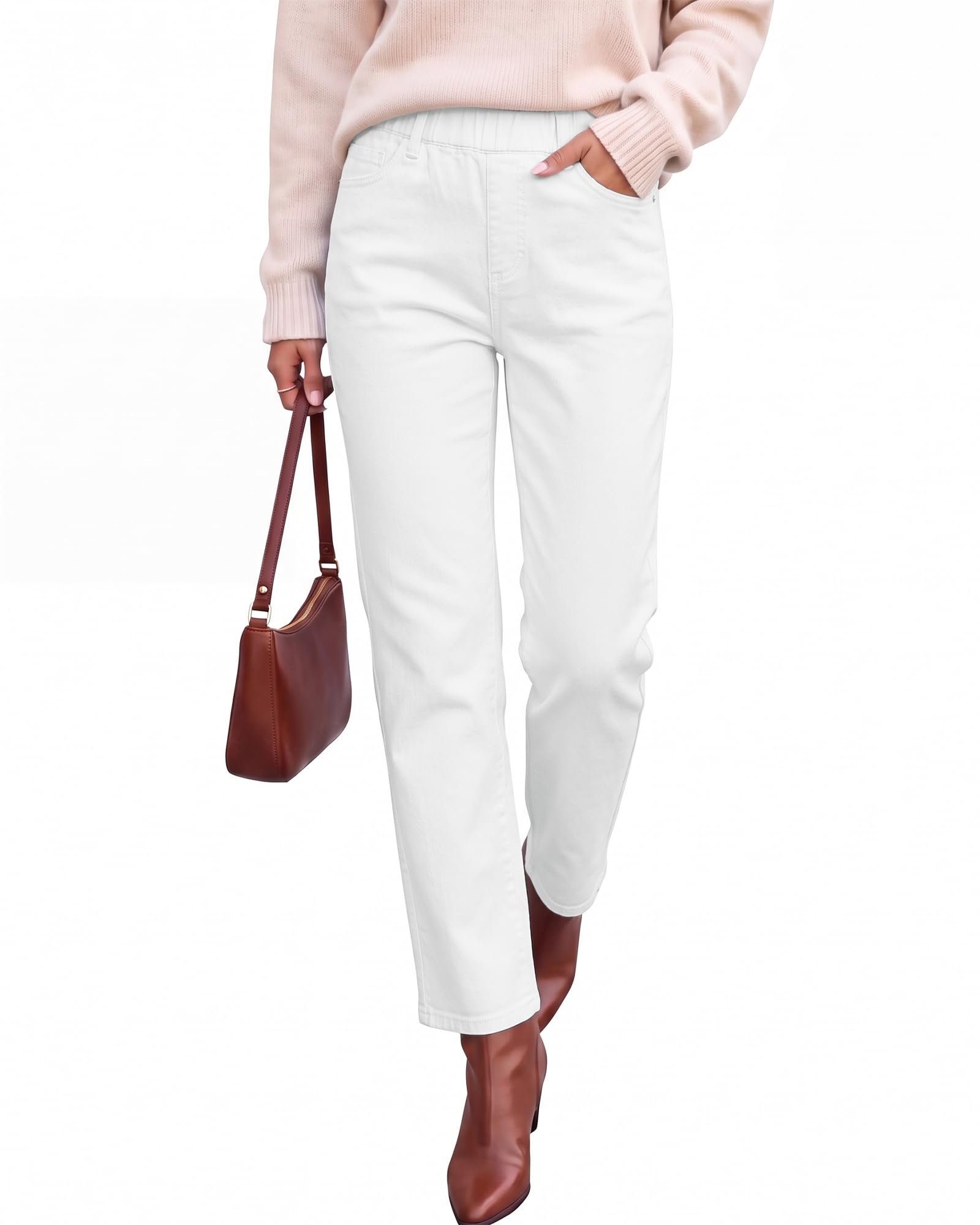 Balloon sleeves and scalloped hem on the black sweater — Grapent Straight Leg Jeans for Women Trendy Pull On High Waisted Cropped Elastic Waist Stretchy Denim Pants Ankle Jeans