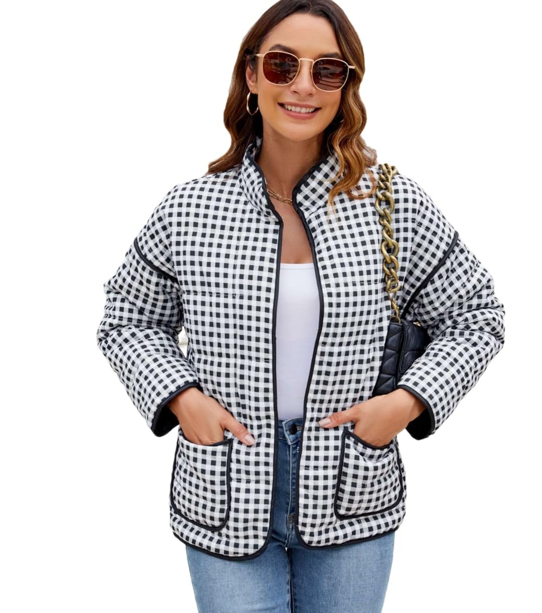 White tank peeking under the checkered quilted jacket — Yozazzy Women's Cropped Floral Quilted Jacket Lightweight Open Front Padded Puffer Coat