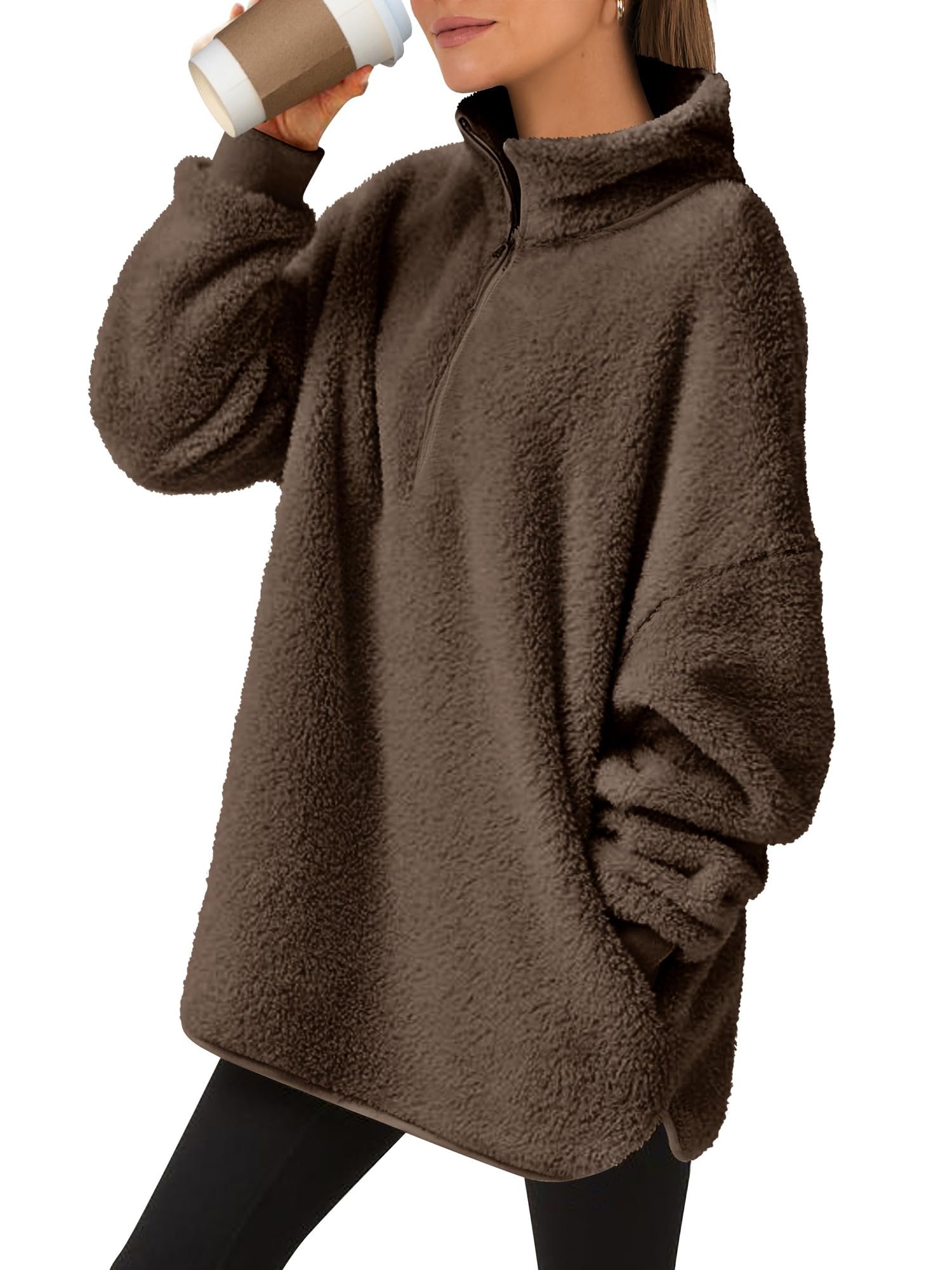Brown sherpa quarter zip over matching barrel pants — Anrabess Womens Fuzzy Sherpa Pullover Fleece Quarter Zip Sweatshirt