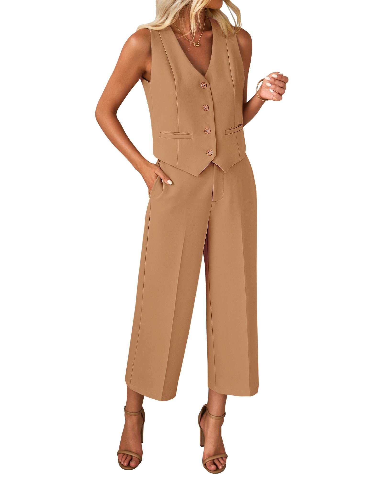 Front crease running down the wide-leg pants — Luvamia Vest Pant Suits for Women Dressy Wide Leg 2 Piece Sets Work Outfits