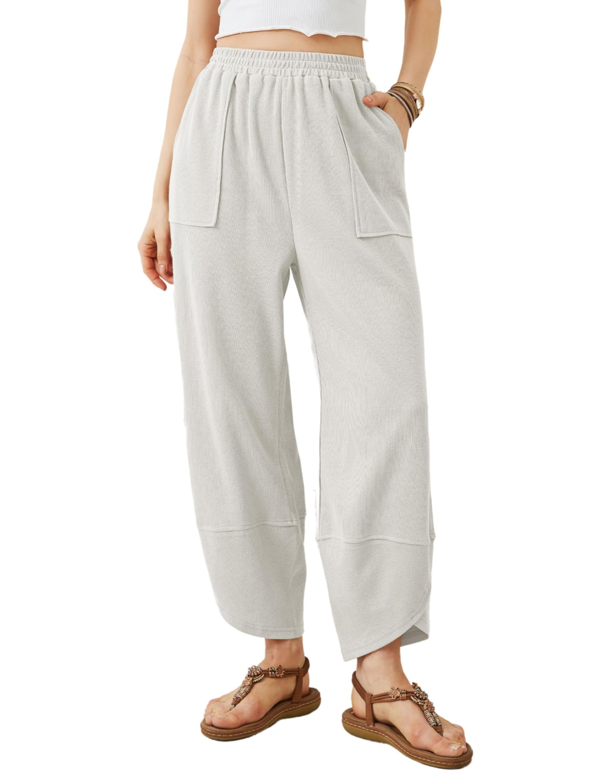 Light grey pants have angled hems at the bottom — Tomosc Womens Baggy Wide Leg Pants Summer Casual Elastic Waist Palazzo Harem Pants with Pockets