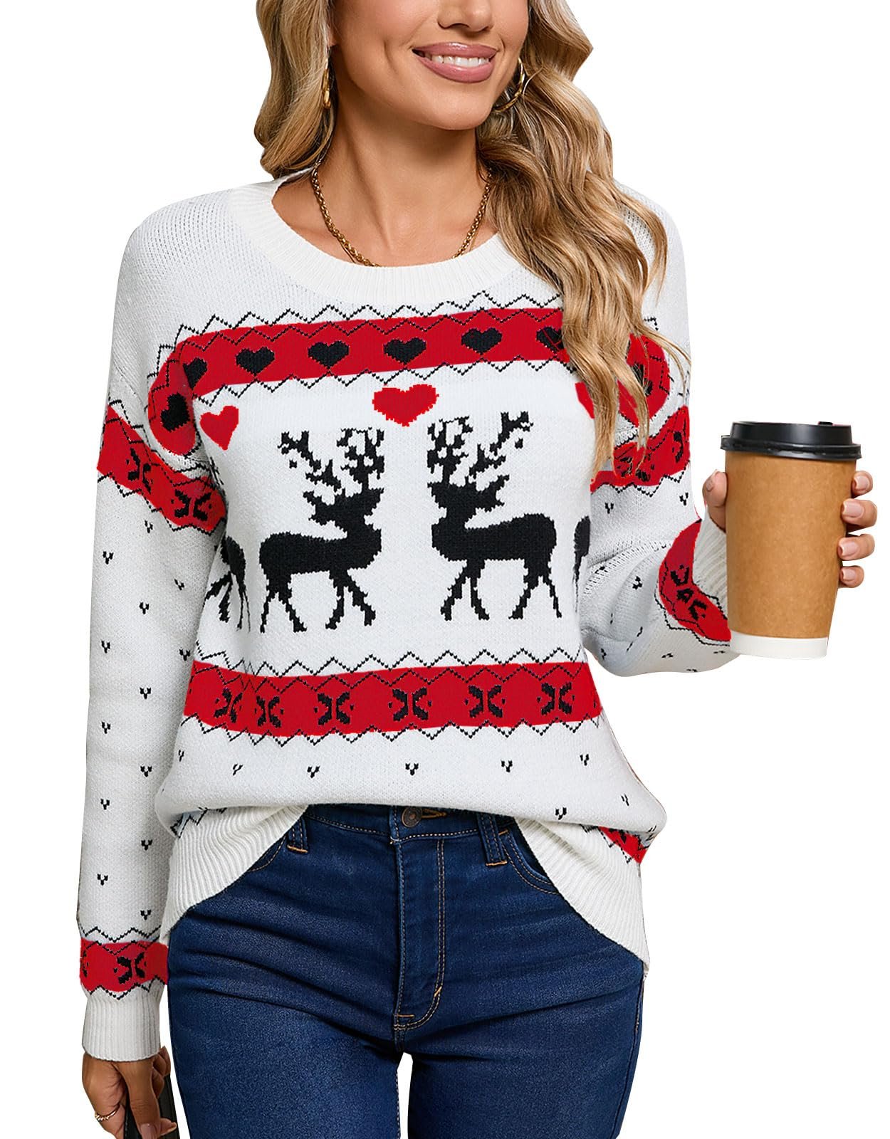 Pink lace skirt with the long tail falling down one side — Drvitor Women's Christmas Sweaters Reindeer Crew Neck Cute Casual Knitted Sweater