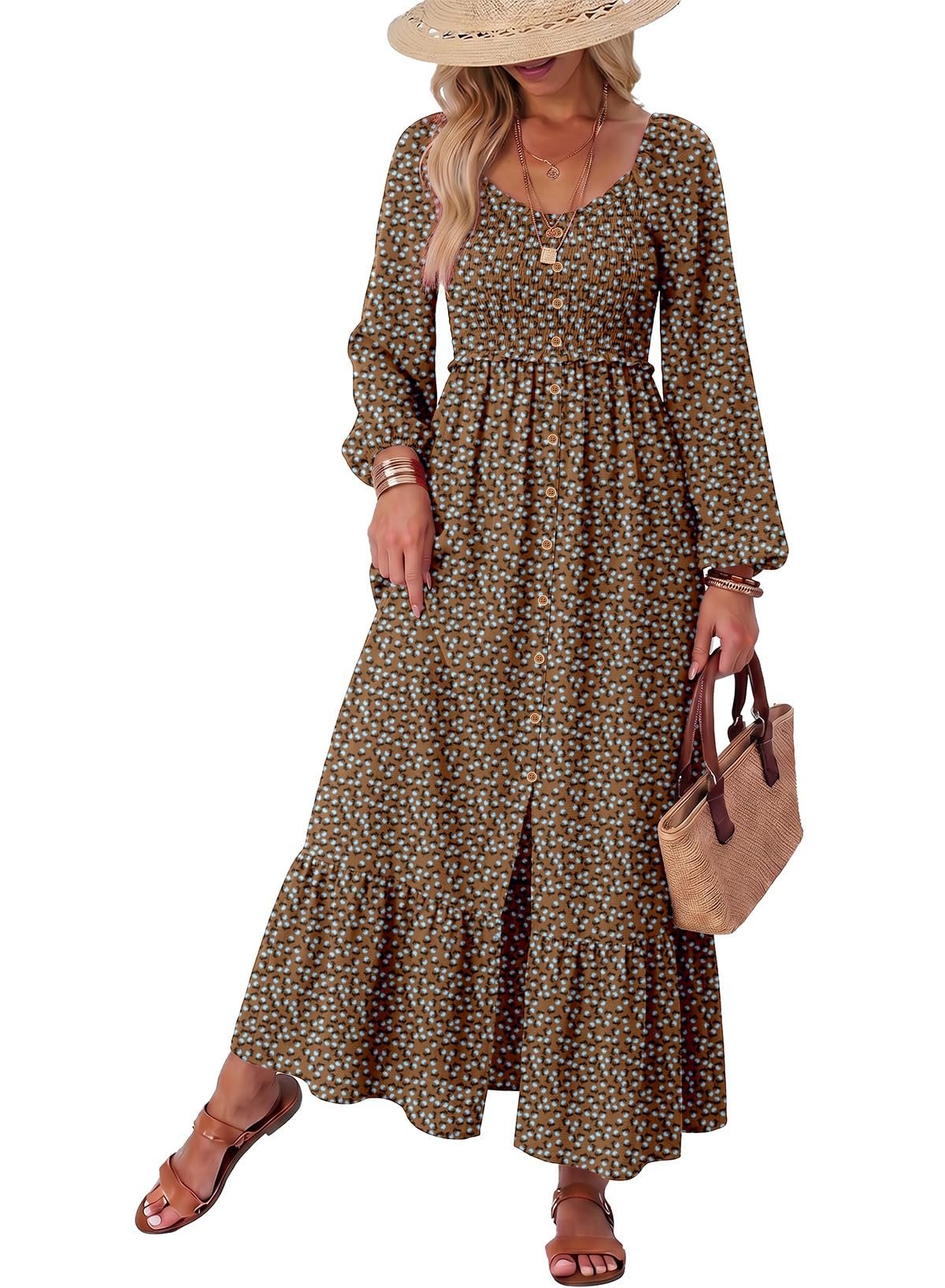 Blouson sleeves cinched at the wrist with elastic — Dokotoo Womens Dresses Boho Floral Smocked Empire Waist Square Neck Long Sleeve Button Maxi Dress Beach Vacation Sundresses