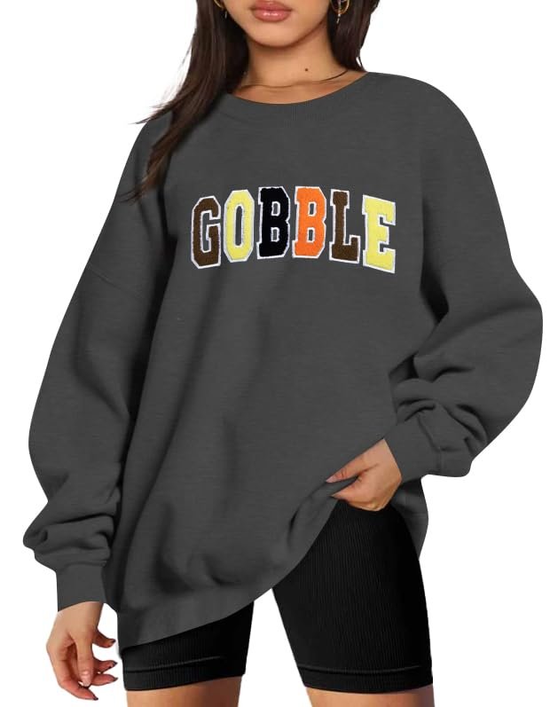 Dropped shoulder crewneck with ribbed cuffs — Vilove Thanksgiving Sweatshirt Womens Chenille Gobble Shirt Colorful Letter Print Pullover Long Sleeve Crewneck Fall Tops