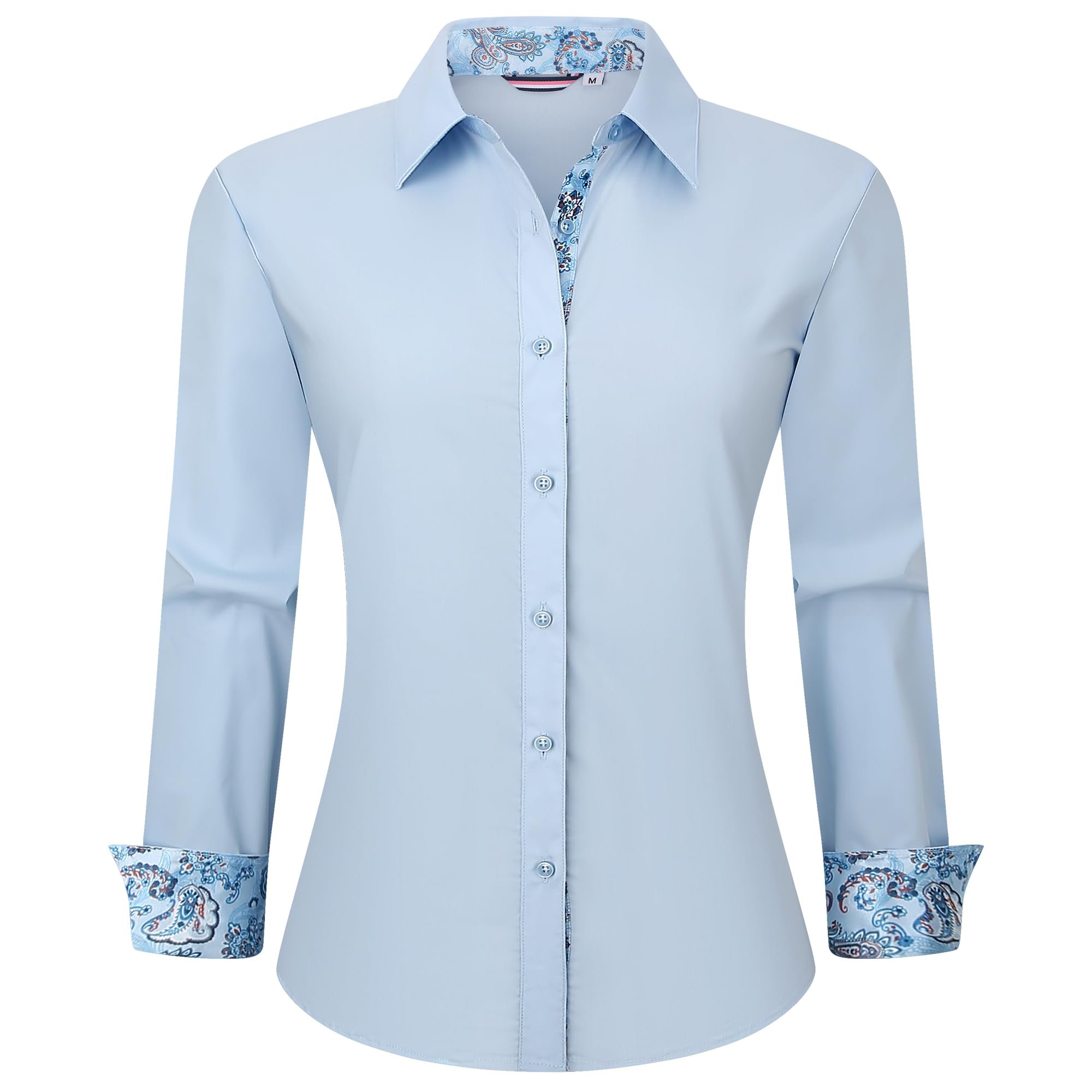 Collar and cuffs lined with blue paisley — Warhorsee Womens Cotton Button Down Dress Shirts Long Sleeve Work Shirt