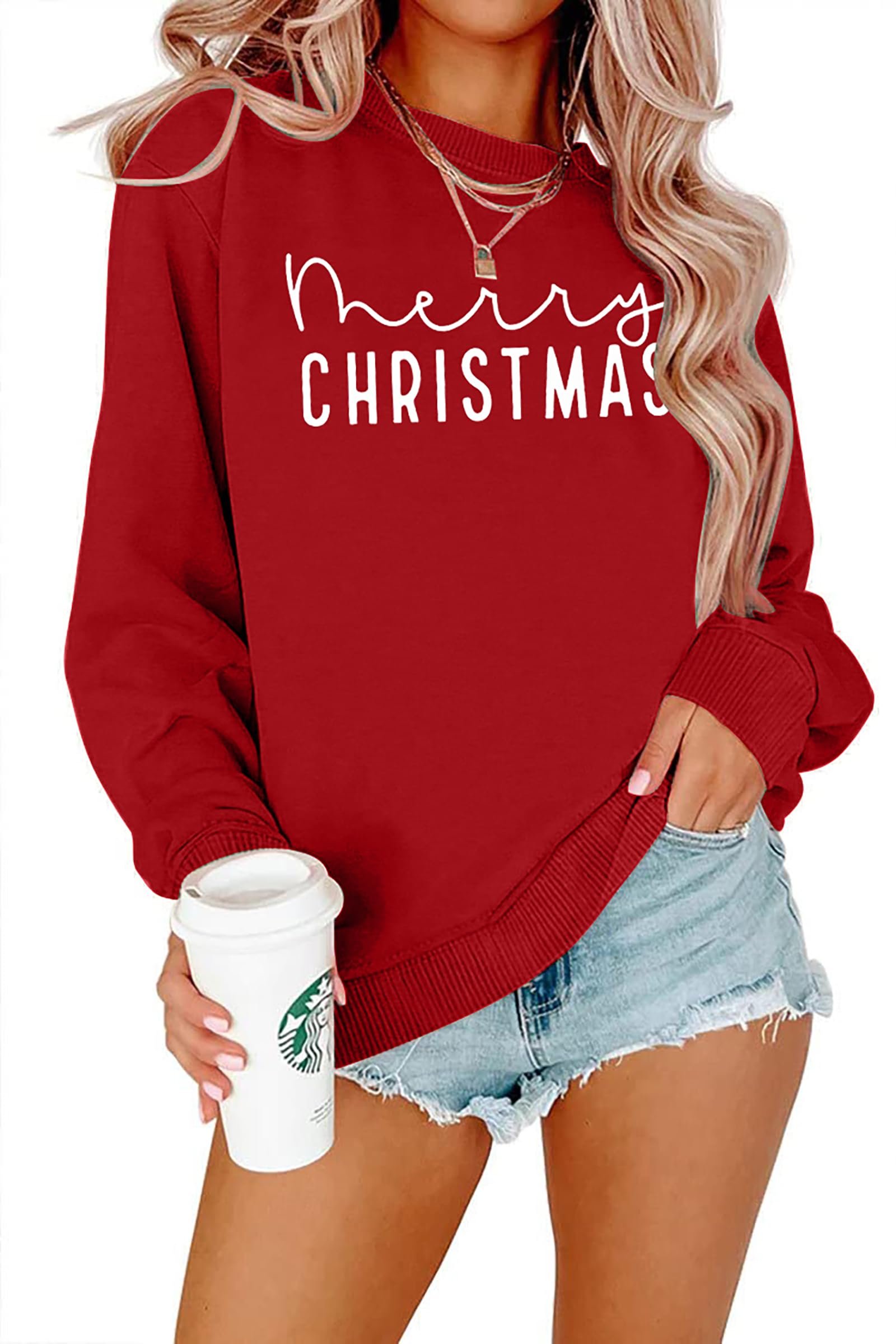 Wide-leg pockets outlined with white contrast stitch — Aprflower Merry Christmas Sweatshirts Women Classic Merry Letter Print Sweatshirts Xmas Holiday Party Pullover Blouse