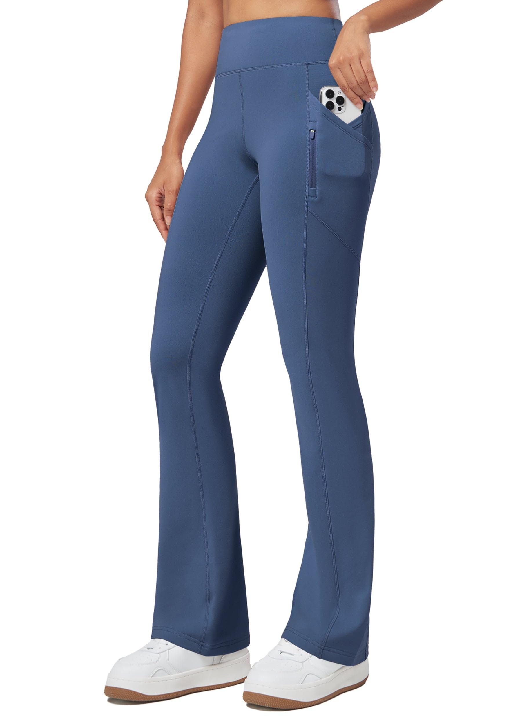 Full front zip closing the cropped navy layer — Willit Women's Fleece Lined Pants Thermal Leggings Winter Bootcut Yoga Pants Zipper Pockets Flare High Waist Water Resistant