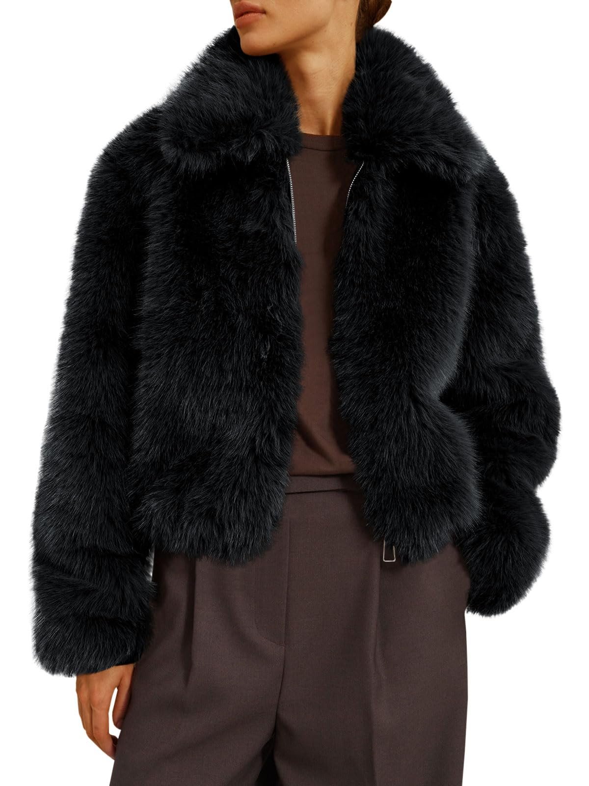 Burgundy eyelet with tiny cutout florals — Tankaneo Womens Cropped Faux Fur Zip Up Lapel Winter Jacket