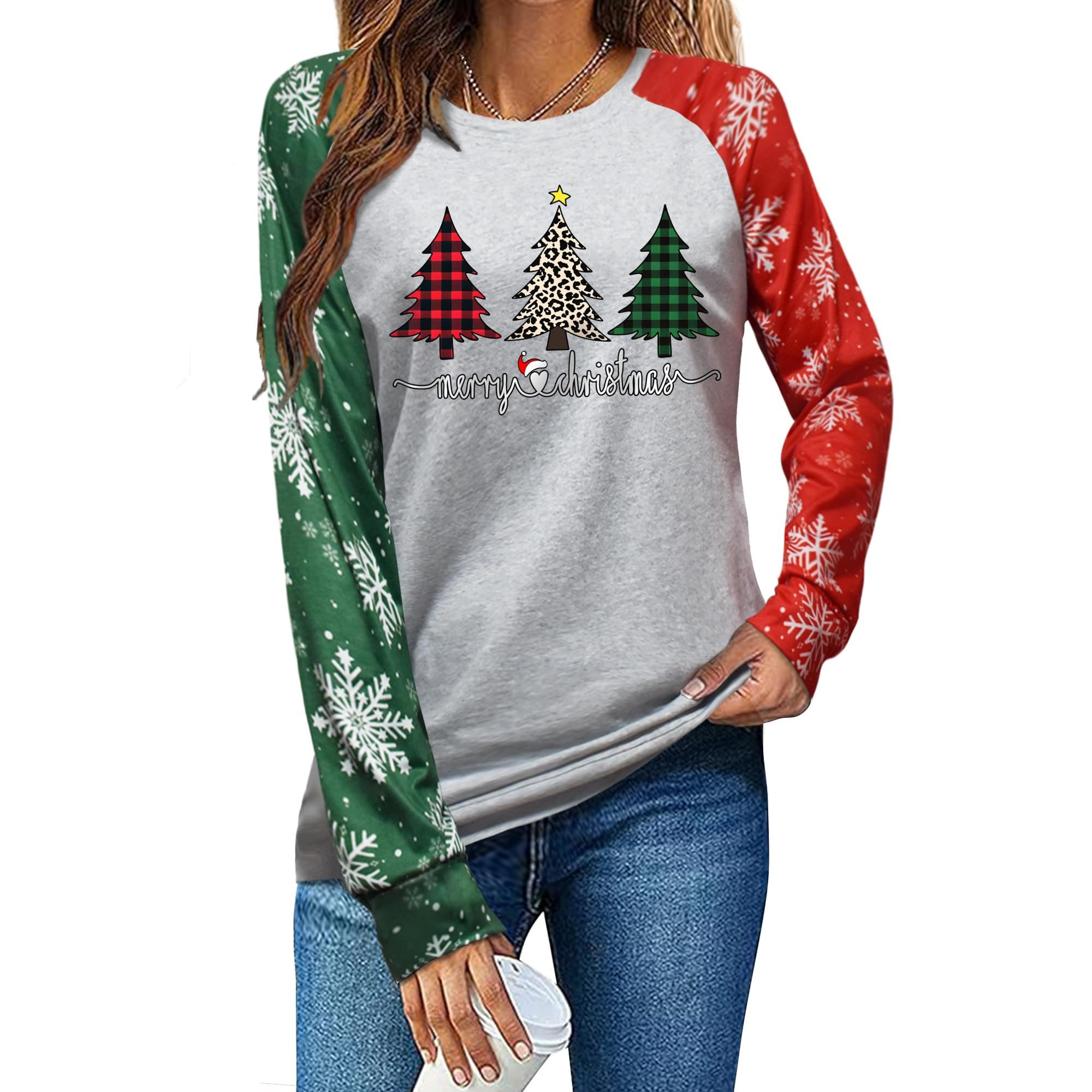 One sleeve red snowflakes one sleeve green snowflakes — Bkmbkm Christmas Shirts for Women:Tree Color Block Long Sleeve Xmas Tops