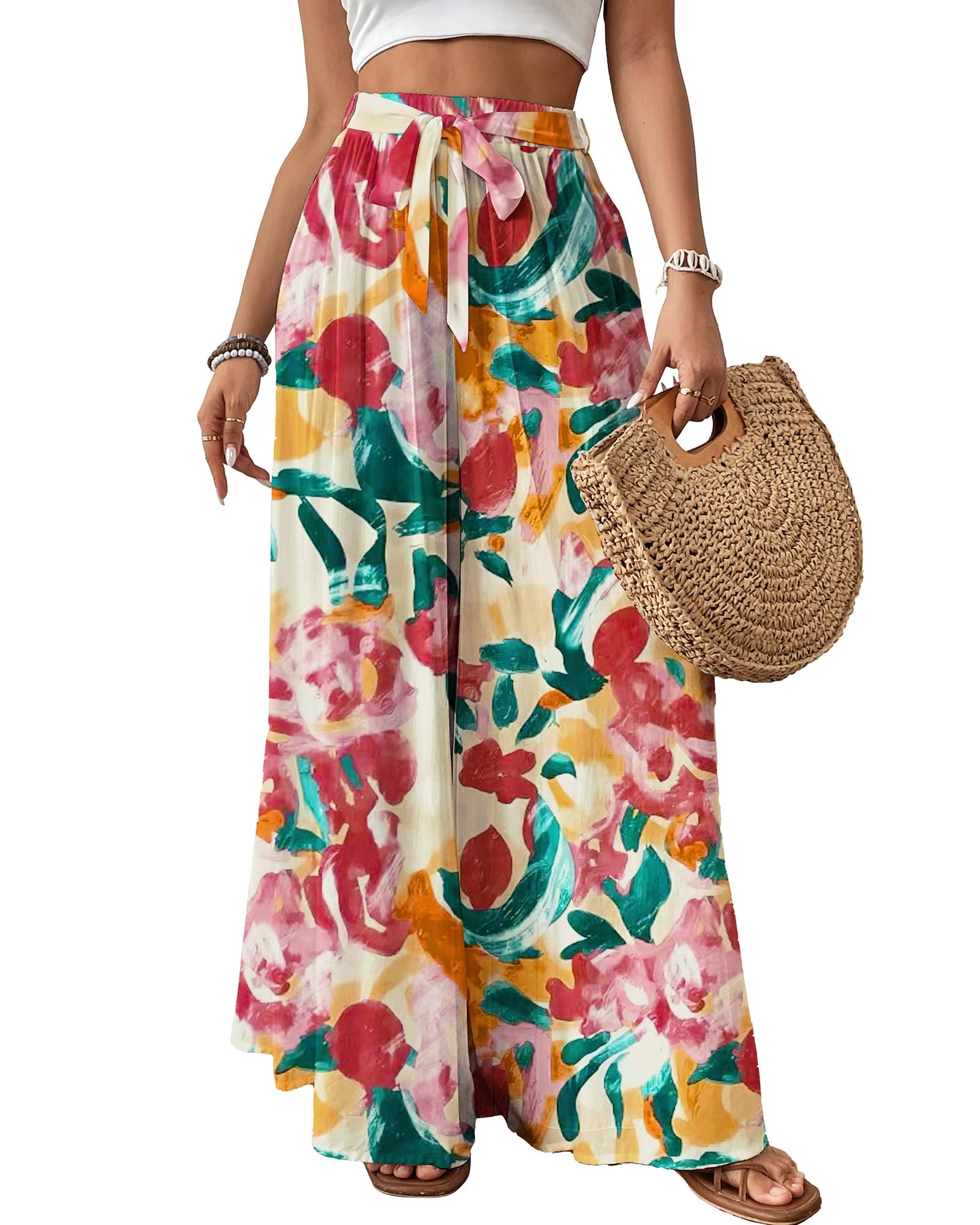 Sun out, Cropped Sweatshirt on — Bsubseach Women Wide Leg Pants Floral Flowy Palazzo Pants