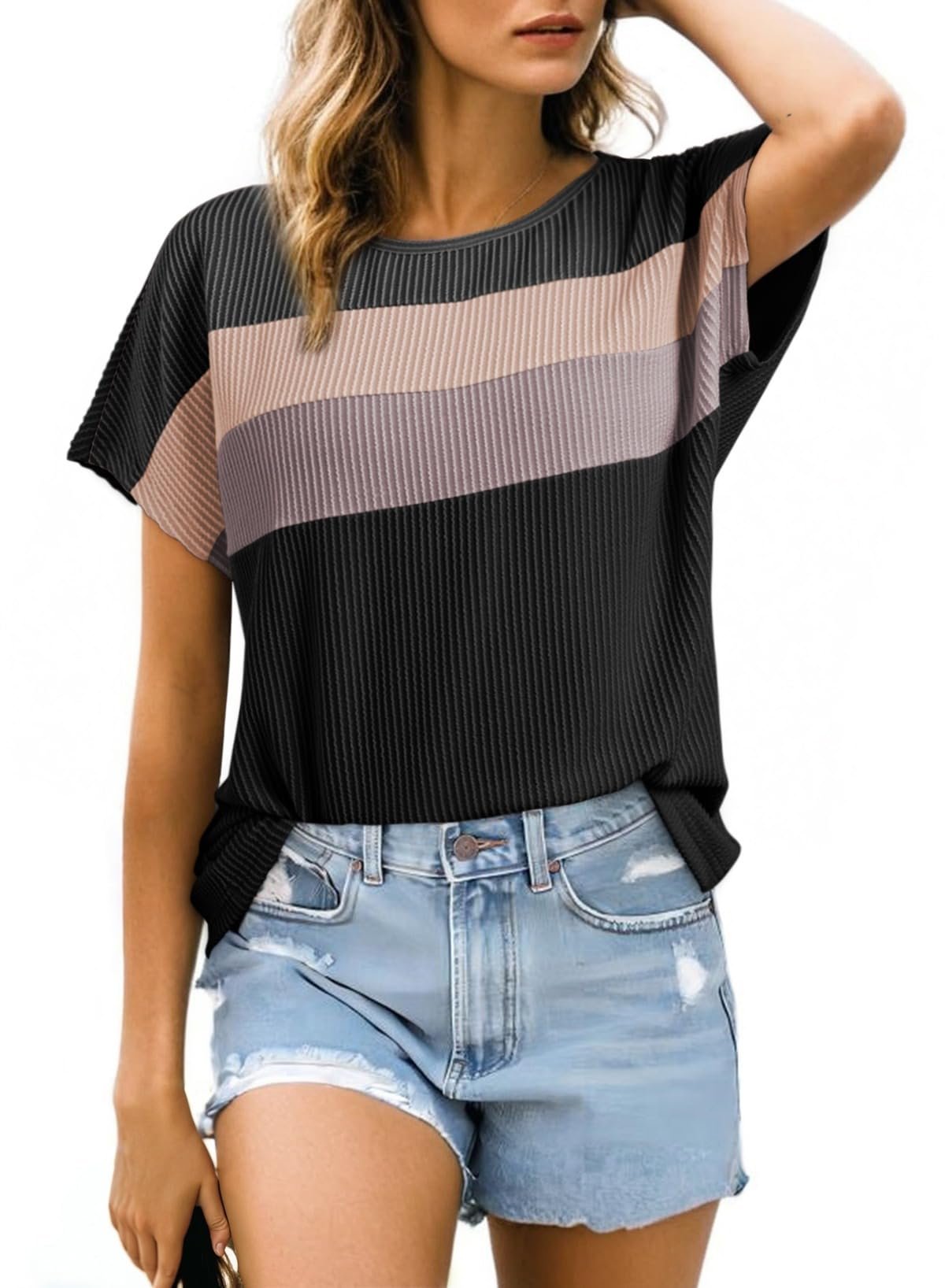 Pink and lavender bands across the black tee — Dokotoo Womens Summer Tops 2026 Fashion Color Block Shirts Casual Crewneck Oversized Tshirts Ribbed Knit Tees Blouse