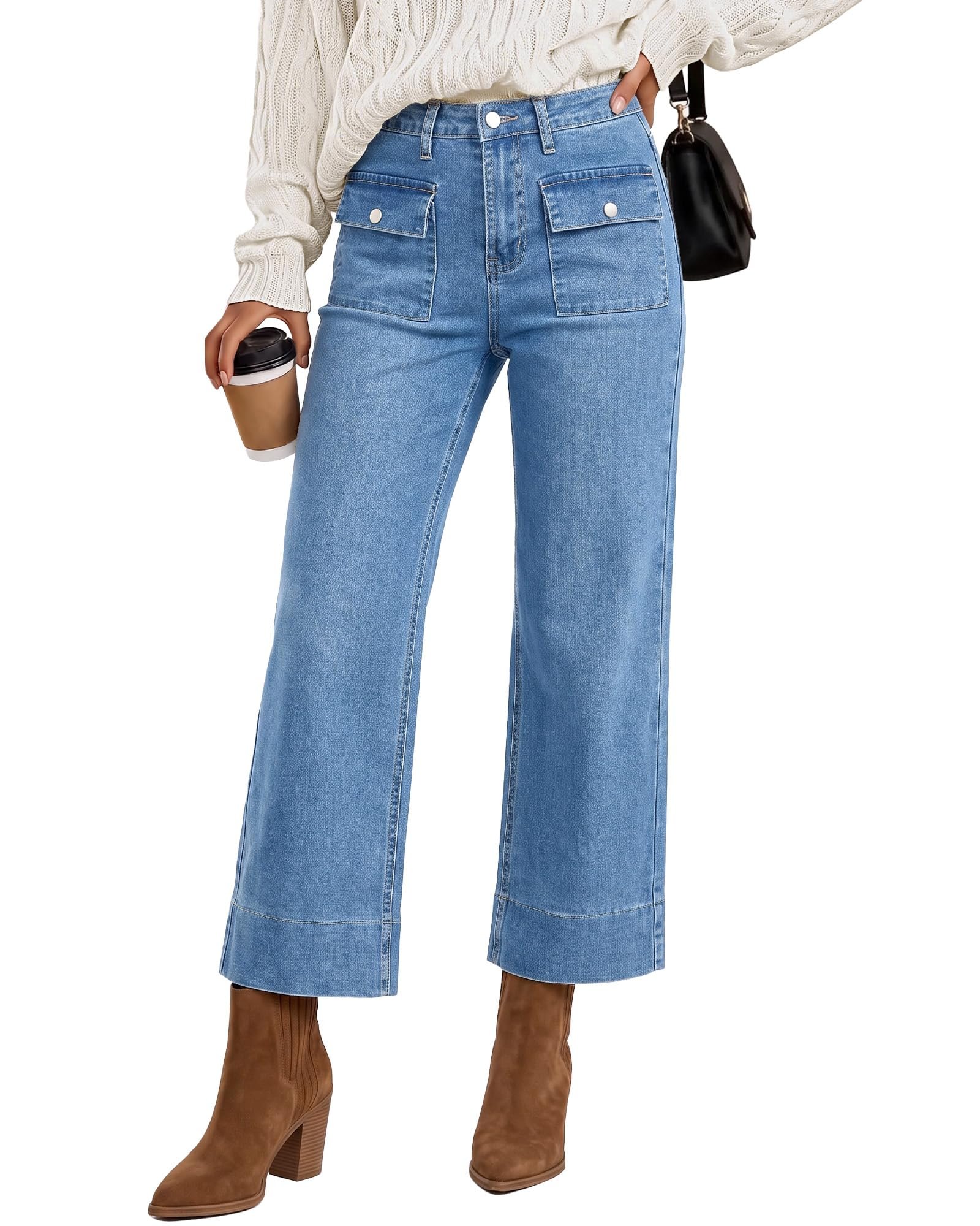 Sun out, Blazer on — Grapent Wide Leg Jeans for Women Trendy High Waisted Straight Leg Cropped Stretchy Denim Pants with Retro Patch Pockets