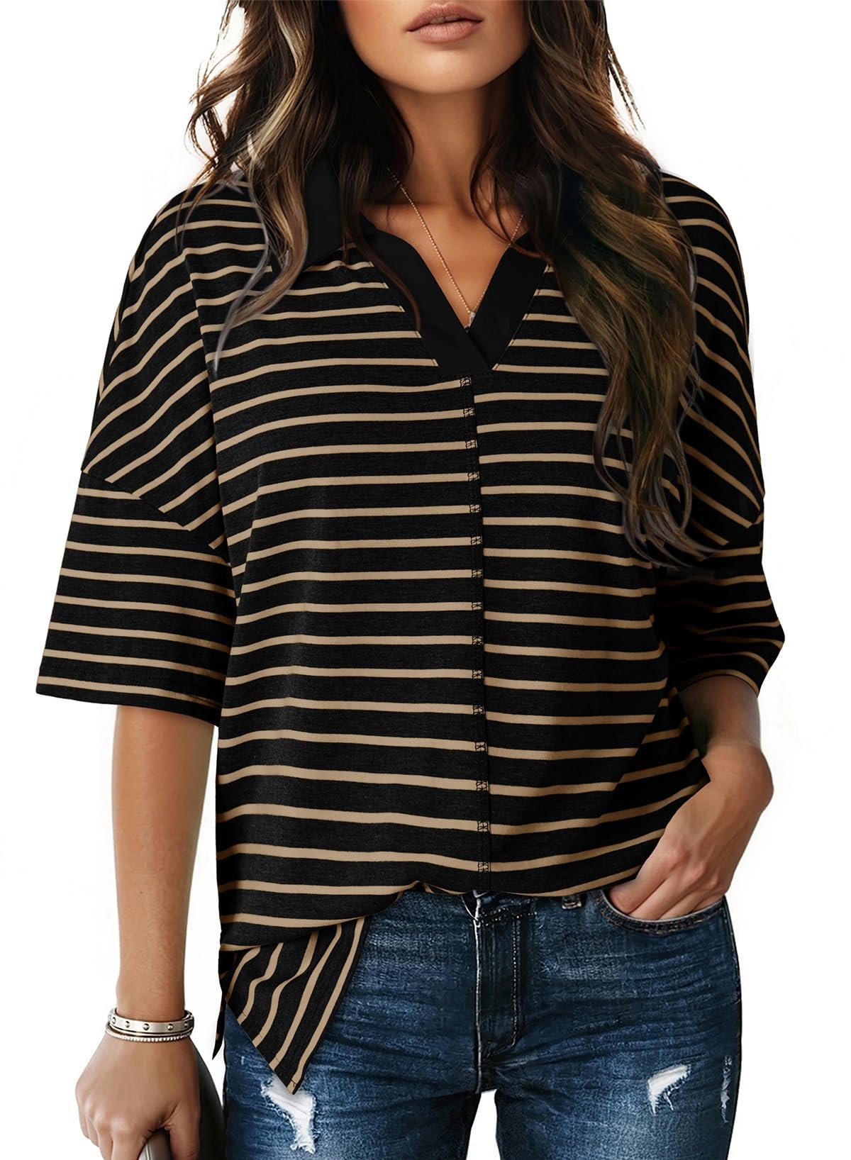 Striped polo cut with an easy oversized shape — Dokotoo Tops for Women Striped 2026 Fashion Oversized T Shirts for Women Color Block Polo Shirts Basic Tee