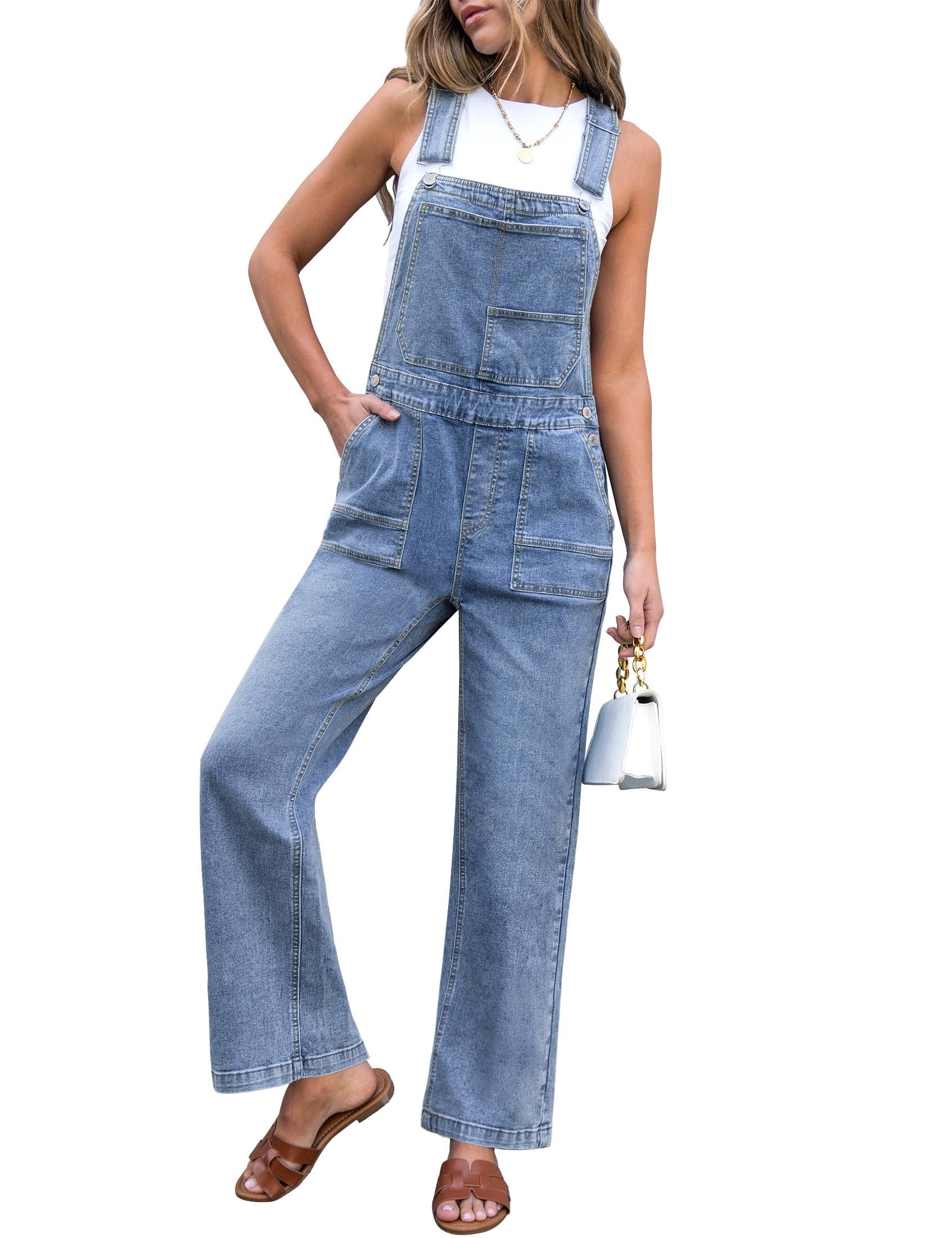 Light wash bib overalls layered over my white tank — Luvamia Jean Overalls for Women Straight Wide Leg Baggy Stretchy Denim Bib Adjustable Strap Casual Jumpsuit Loose Fit