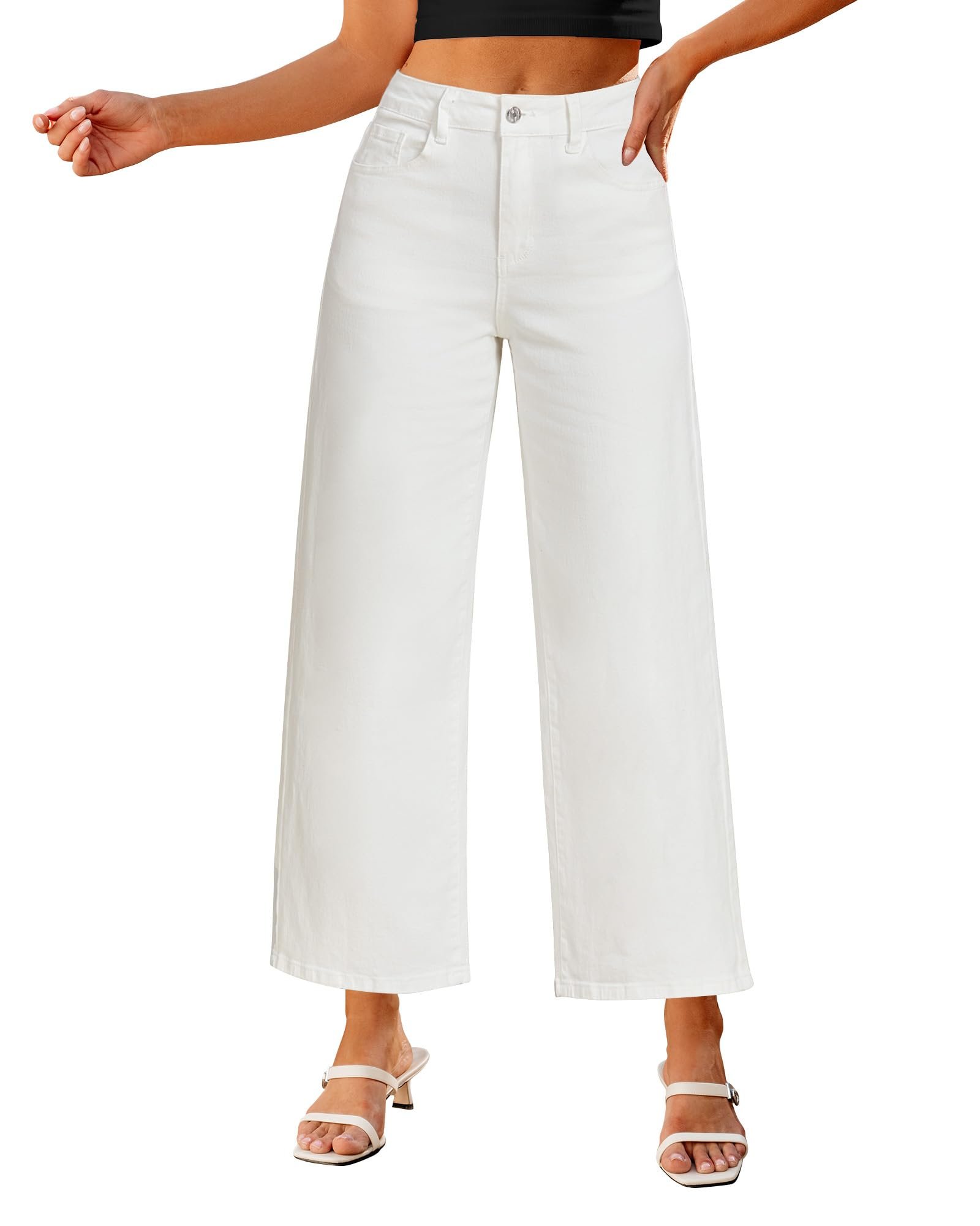 Cream white jeans cut straight to the ankle hem — Luvamia Wide Leg Jeans for Women High Waisted Relaxed Fit Trendy Stretchy Denim Pants Ankle Trouser Jeans with Pockets