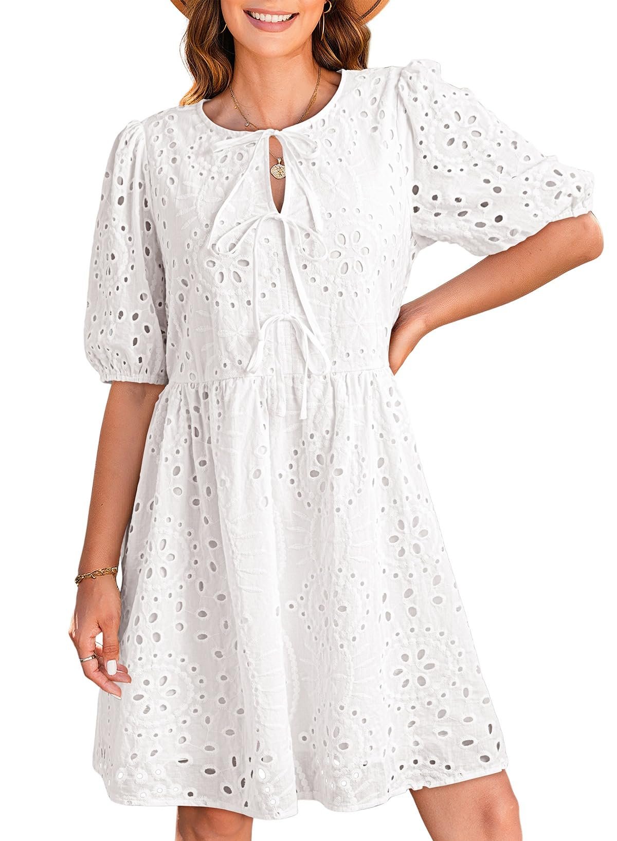 How the eyelet cutouts form tiny floral circles — Dokotoo Summer Dresses for Women 2026 Tie Front V Neck Short Puff Sleeve Hollow Out Lace Wedding Guest Dress