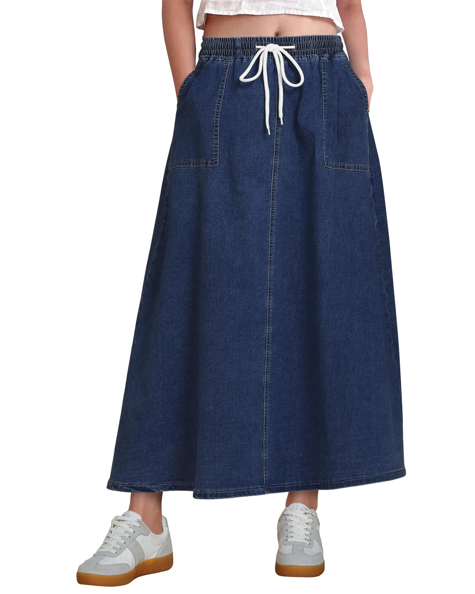 Lace trim past my bedtime — Luvamia Denim Skirts for Women Trendy A Line Long Maxi Pull On Elastic Waist Drawstring Stretchy Jean Skirt with Pockets