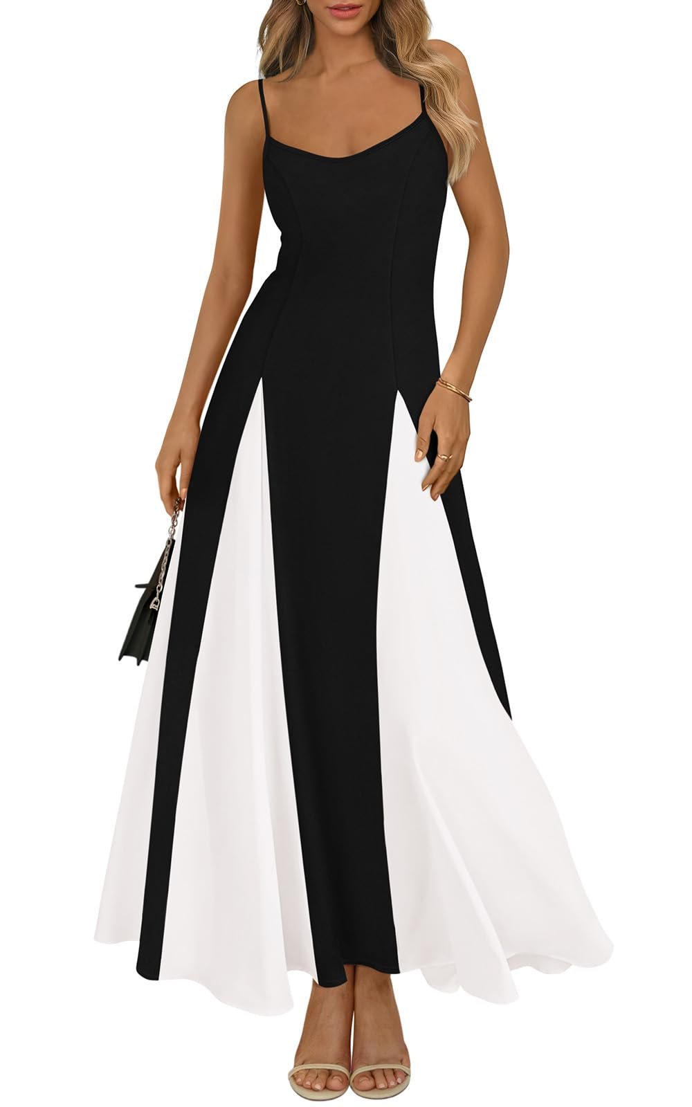 Courtyard brick behind the black and white split — Prettygarden Spaghetti Strap Backless Summer Dresses for Women 2026 Flowy Maxi Dresses Sleeveless Wedding Guest Dress
