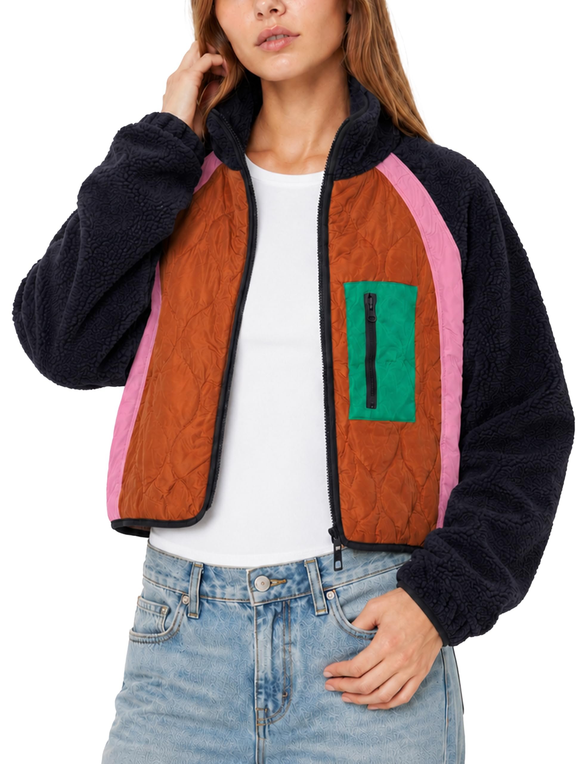 Colorblock fleece mixing navy, orange, pink and green — Tiqoje Womens Fleece Jacket Cropped Zip Up Long Sleeve Y2K Jackets