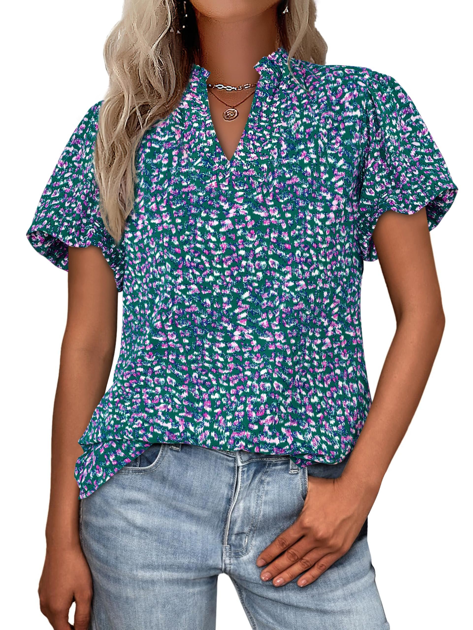 Flutter sleeves cut short above the elbow — Mascomoda Boho Short Sleeve Floral Work Blouses for Women Dressy Casual