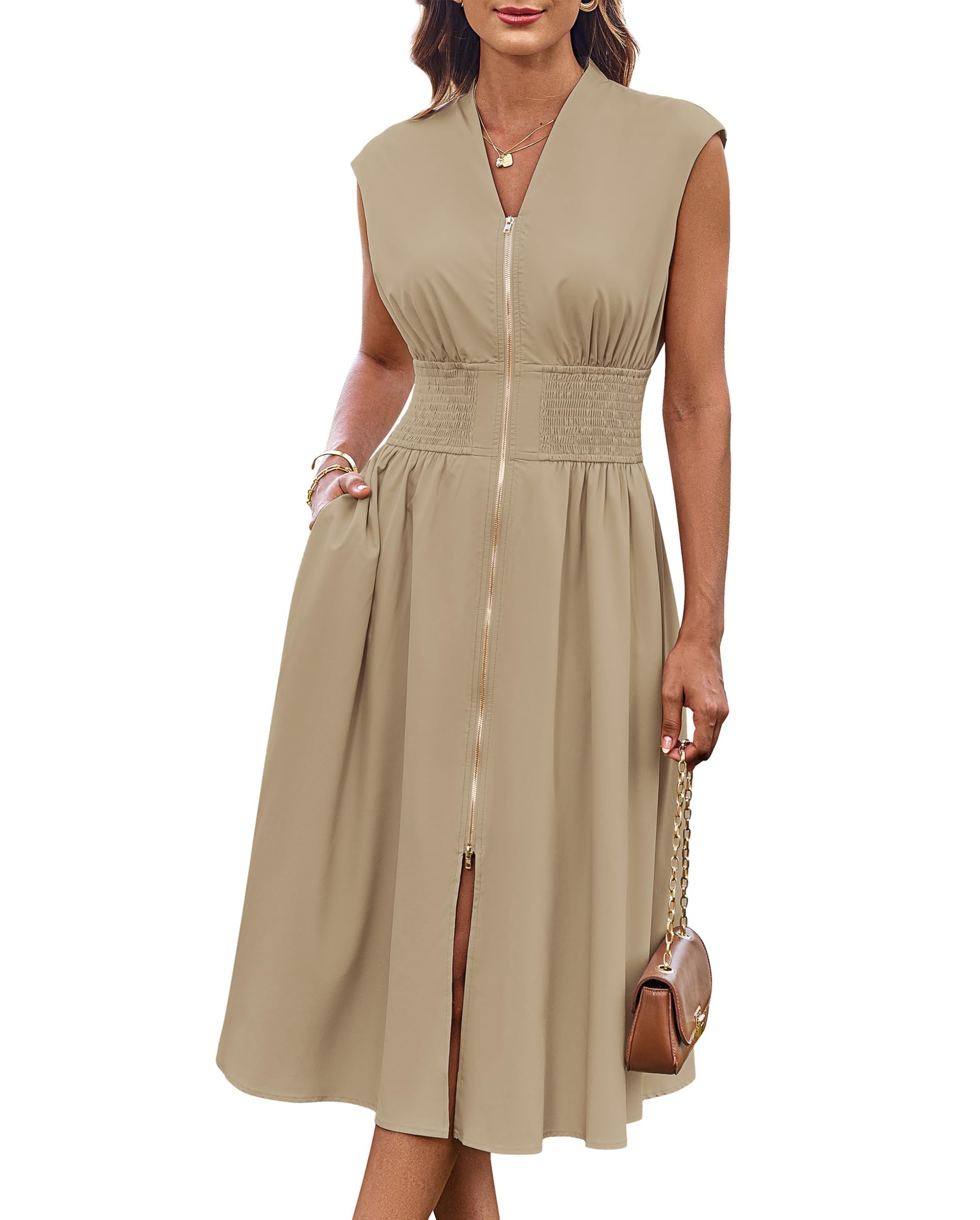 Front zip from neckline to hem in gold — Grace Karin Womens Casual Dress, Business Office Work Homecoming Dresses