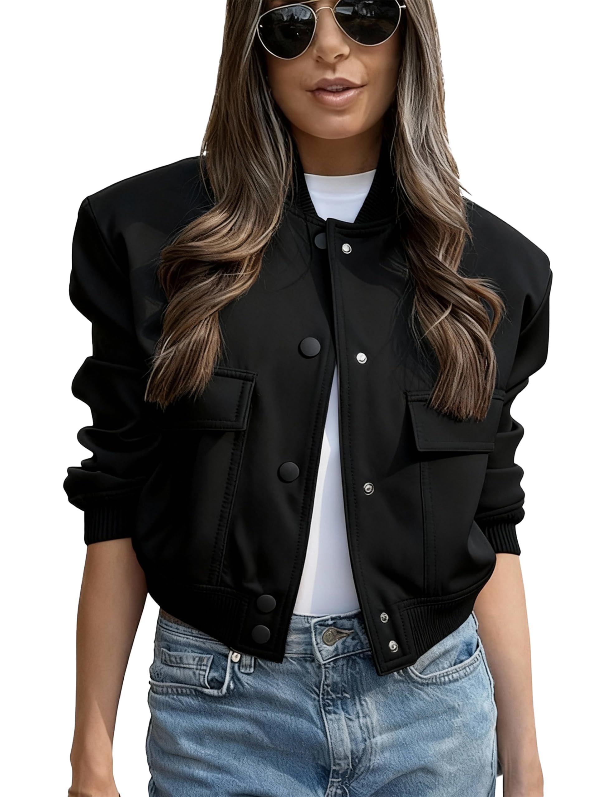 What Cropped Jacket adds to a simple outfit — Imbpceu Women Crop Bomber Jacket Button Down Varsity Jacket