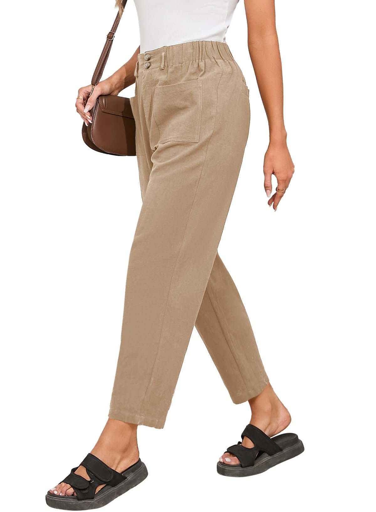 V-neck cropped in that openwork stitch — Dokotoo Linen Pants Women Casual Cotton Capri Pants High Waisted Harem Trouser Summer Slacks with Pockets Fall Clothes