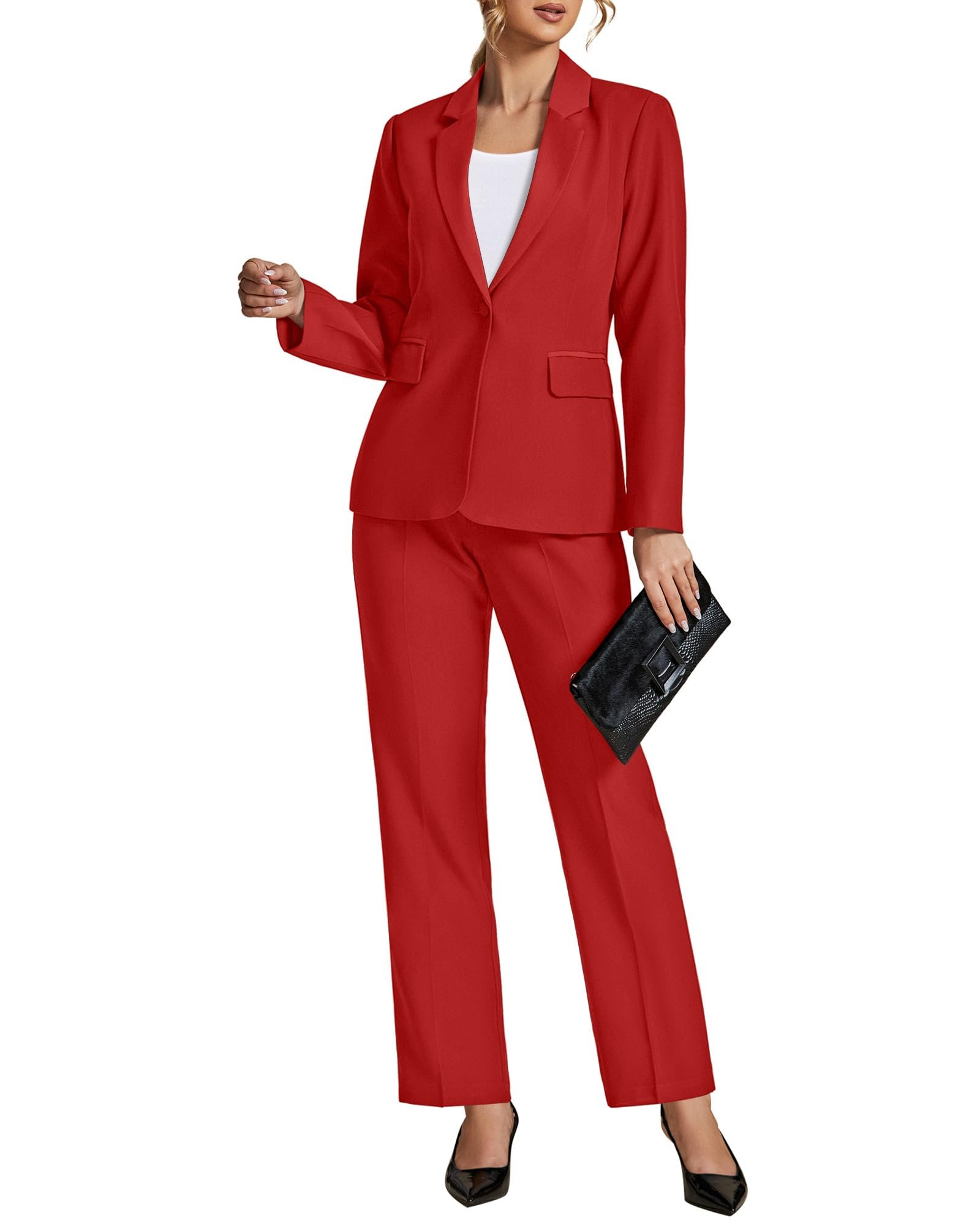 Notched lapel opening over white tank in red set — Lookbook Store LookbookStore Pant Suits for Women Dressy 2 Piece Blazer and High Rise Straight Leg Pants Sets Business Casual Outfits