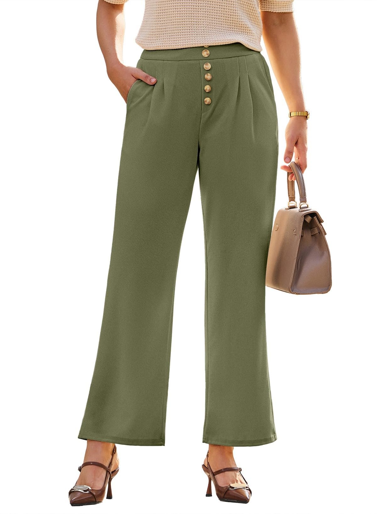 Five gold buttons up the front of olive pants — Dokotoo Wide Leg Pants Woman Elastic High Waisted Waffle Knit Dressy Casual Trousers Pants with Pockets