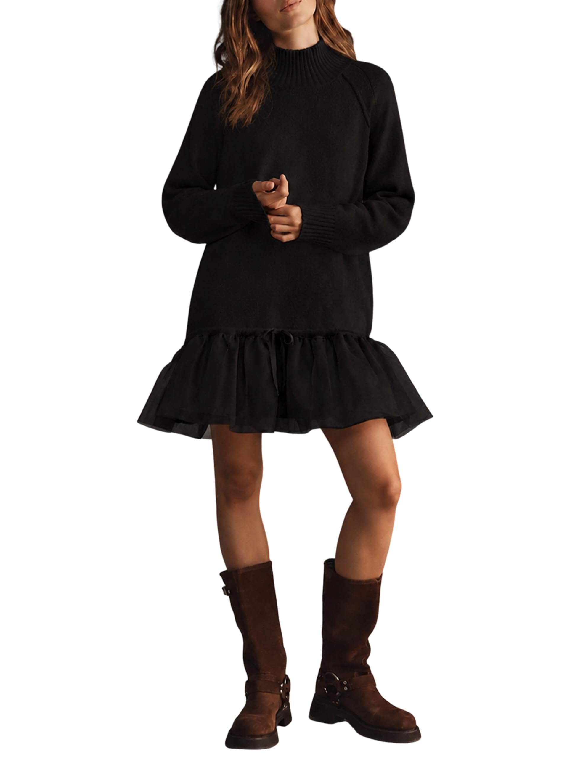 Skirt is sew ready — Yeokou Women Twofer Sweater Dress, Mock Neck Ribbed Knit Long Sleeve Tulle Ruffle Mini Dress with Lace Skirt