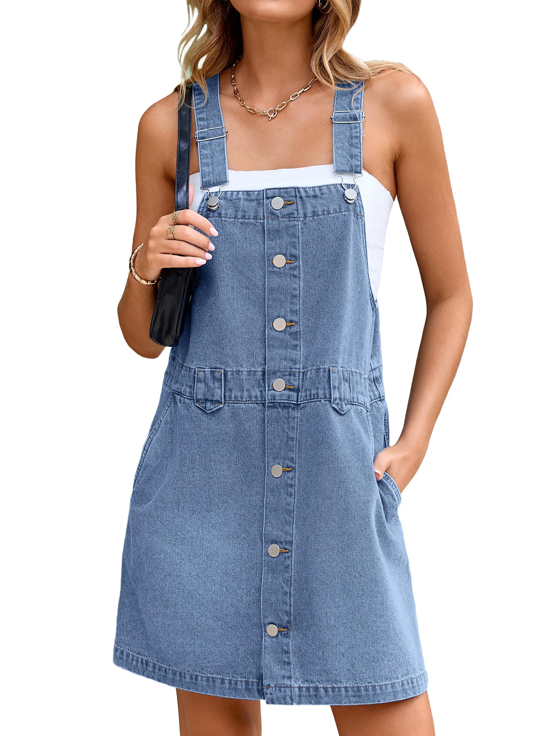 Adjustable strap sliders and waist tabs in light wash — Glamaker Women's Denim Overall Dress Jean Sleeveless 2025 Mini Pinafore Casual Button Dress with Pocket