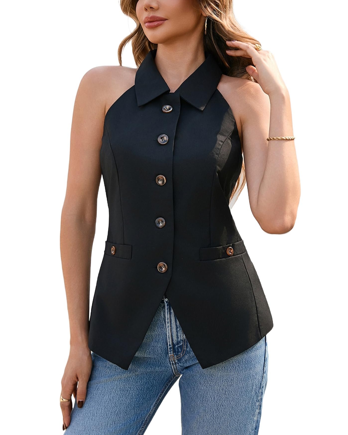 Cold front, warm welcome for Blazer — Yexpine Women's Halter Neck Vest Button Down Sleeveless Blazer Vest