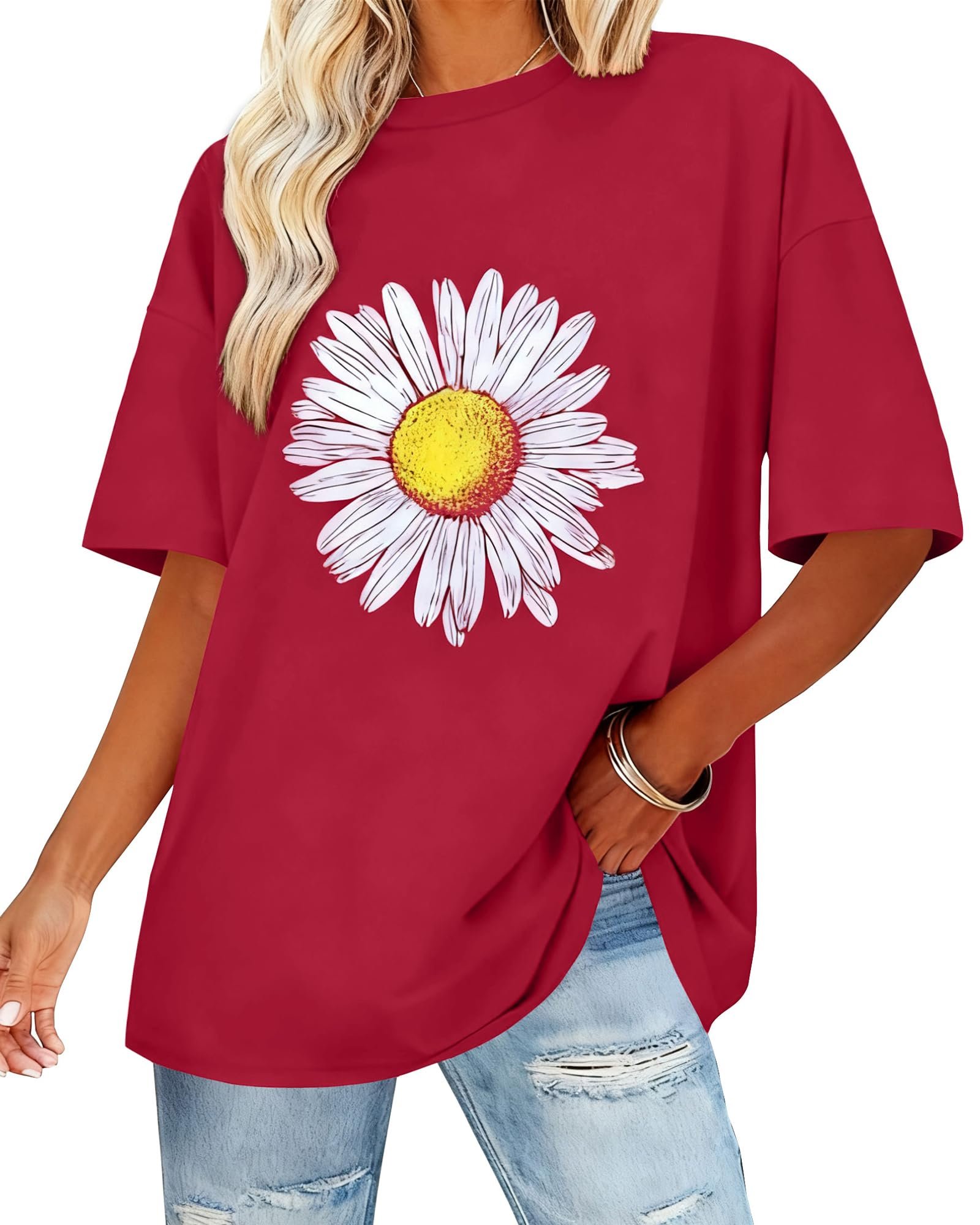 Big daisy graphic sitting right on the chest — Elescat Womens Oversized T Shirts Loose Fit Graphic Tees Casual Summer Tops